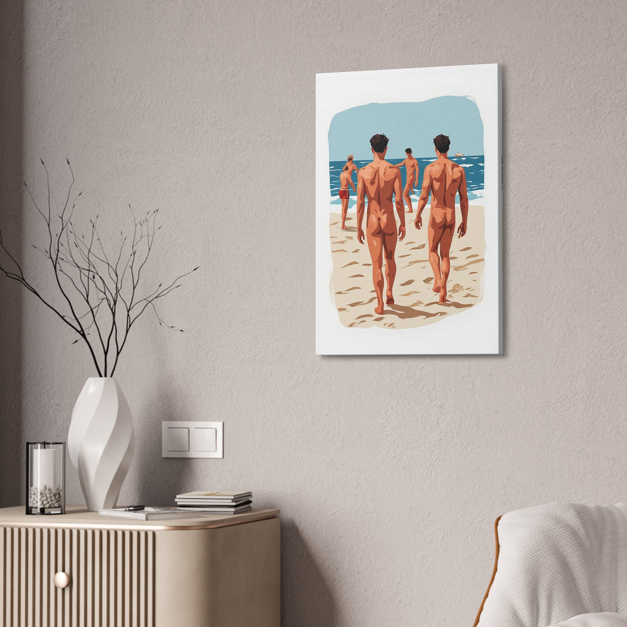 Canvas Wall Art – Beach Scene of Men Walking on Shore (Stretched Canvas)