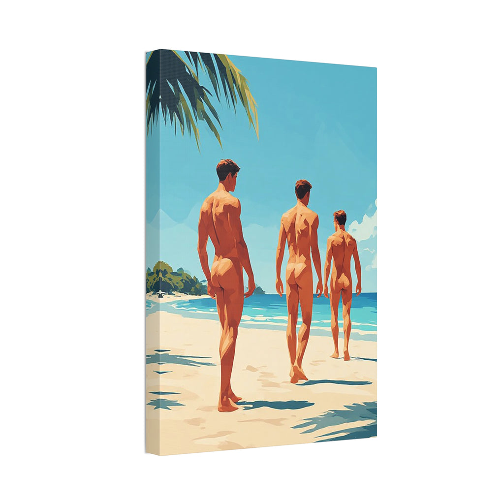 Beach Walk Canvas Print — Retro Sunlit Male Figures Stretched Canvas