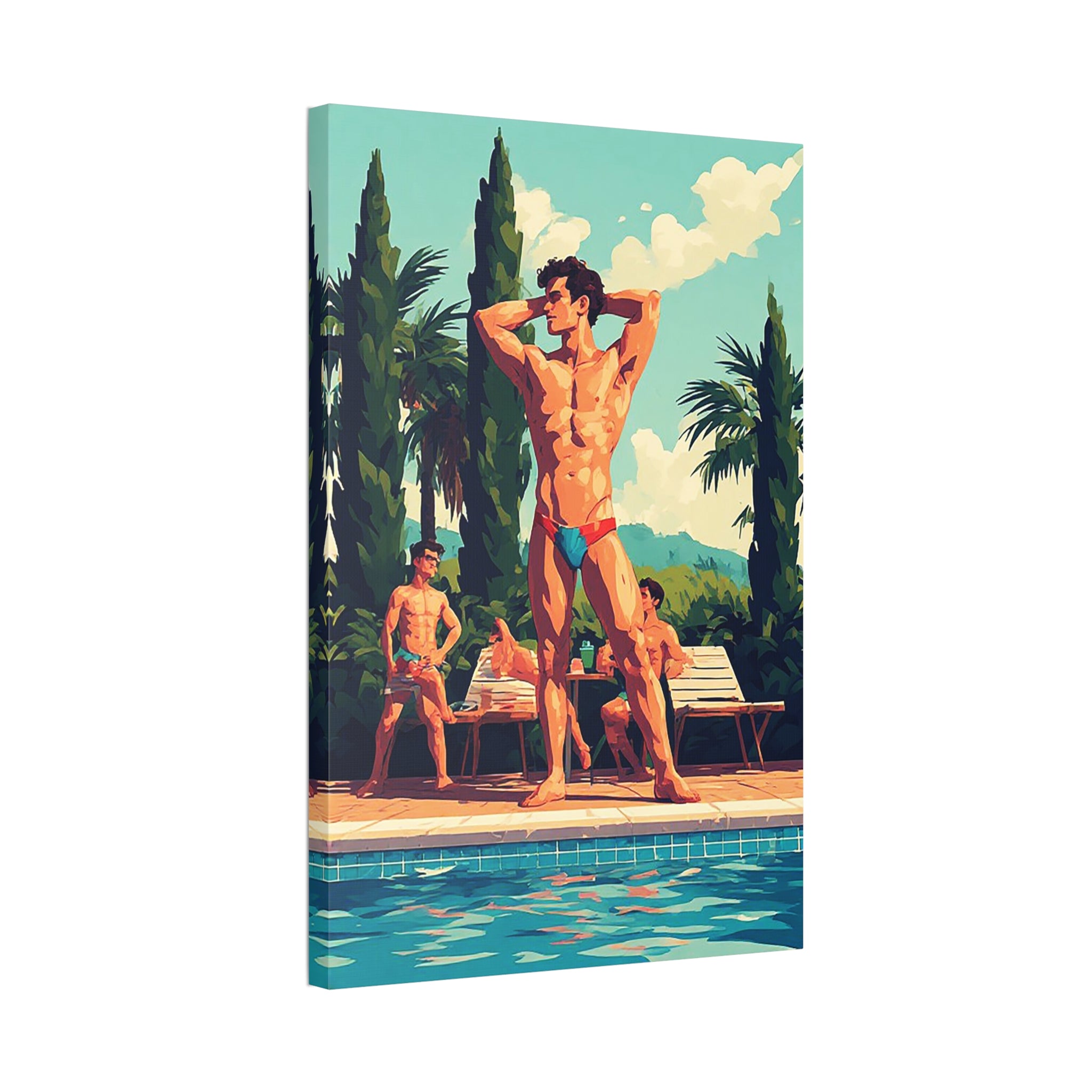 Poolside Men Canvas Print — Retro Tropical Swimsuit Wall Art