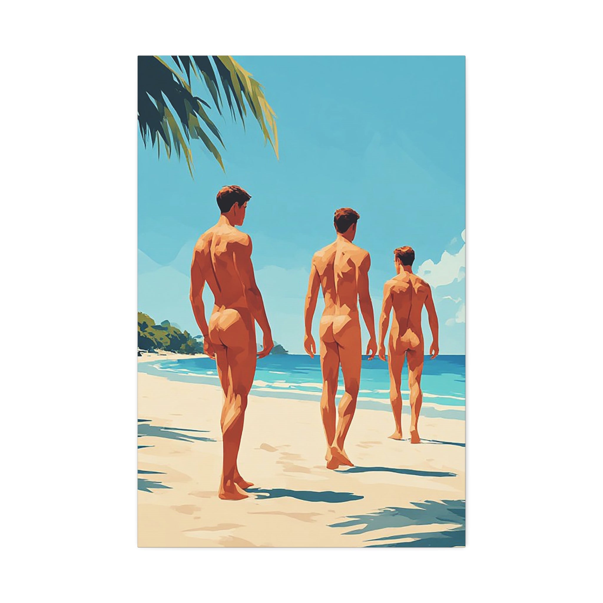 Beach Walk Canvas Print — Retro Sunlit Male Figures Stretched Canvas