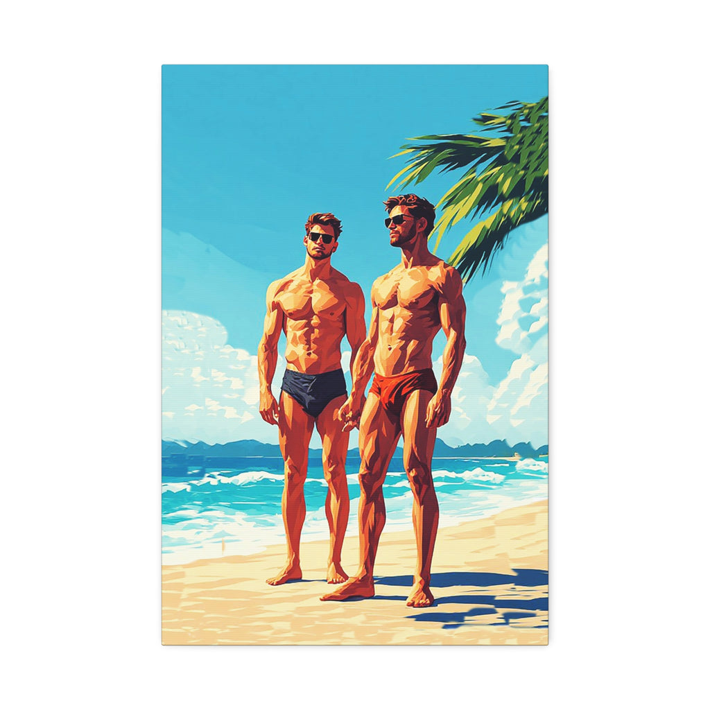 Beach Muscle Poster Canvas — Two Men Summer Swim Art (Stretched 1.5")