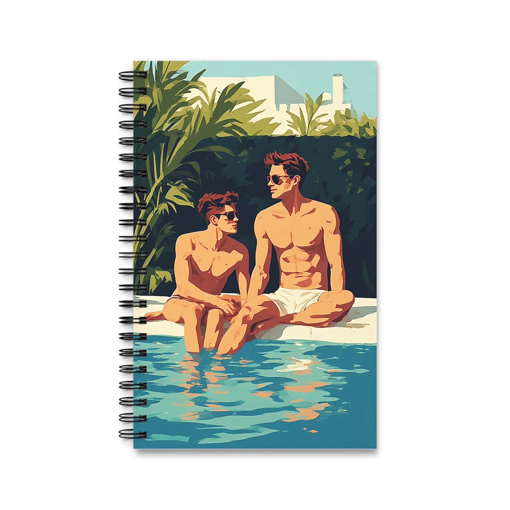 Poolside Summer Journal — Retro Men by the Pool Spiral Notebook