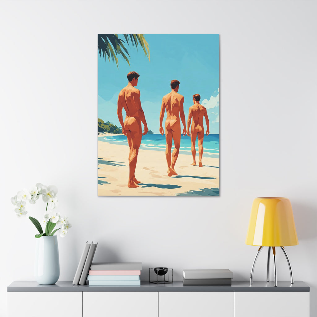 Beach Walk Canvas Print — Retro Sunlit Male Figures Stretched Canvas