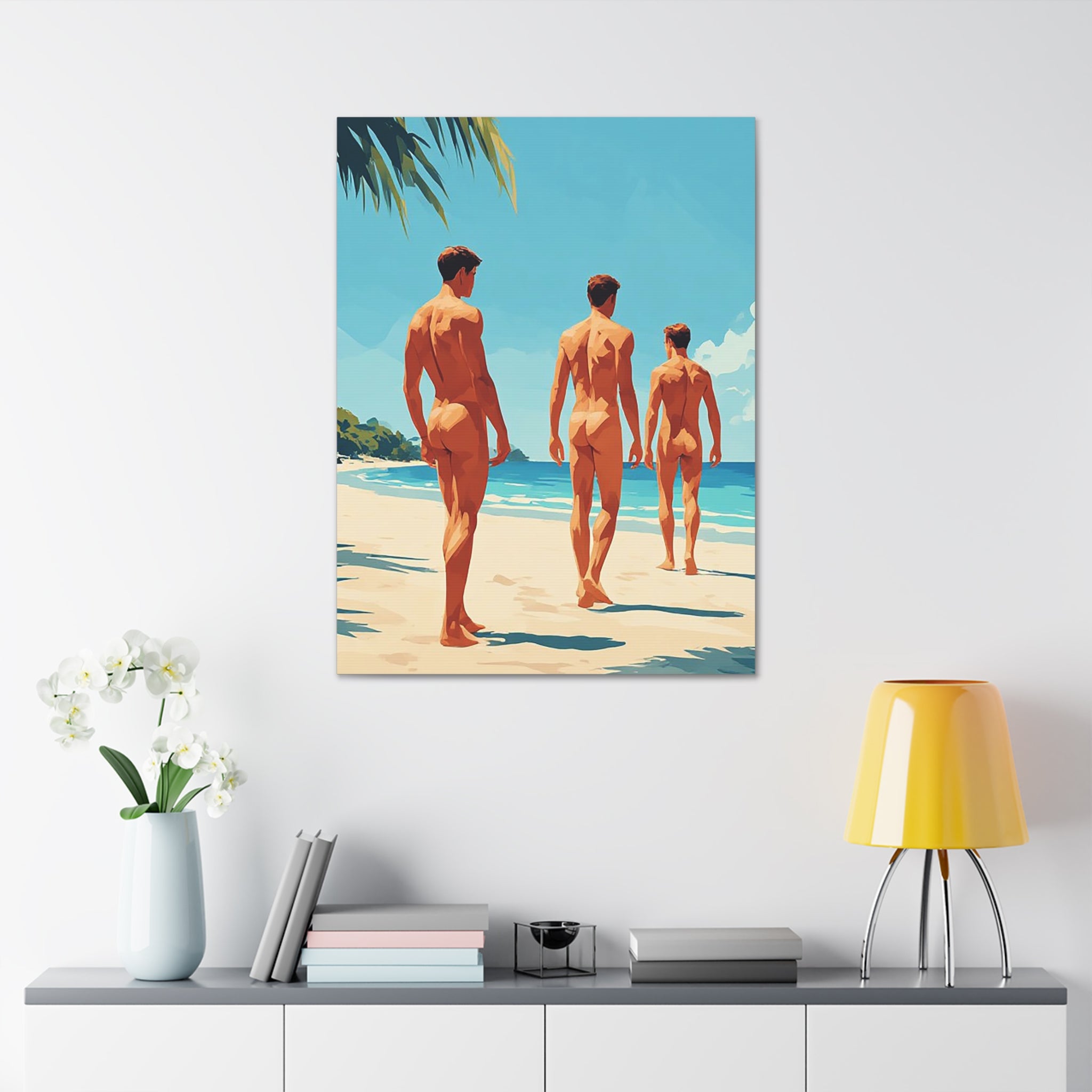 Beach Walk Canvas Print — Retro Sunlit Male Figures Stretched Canvas