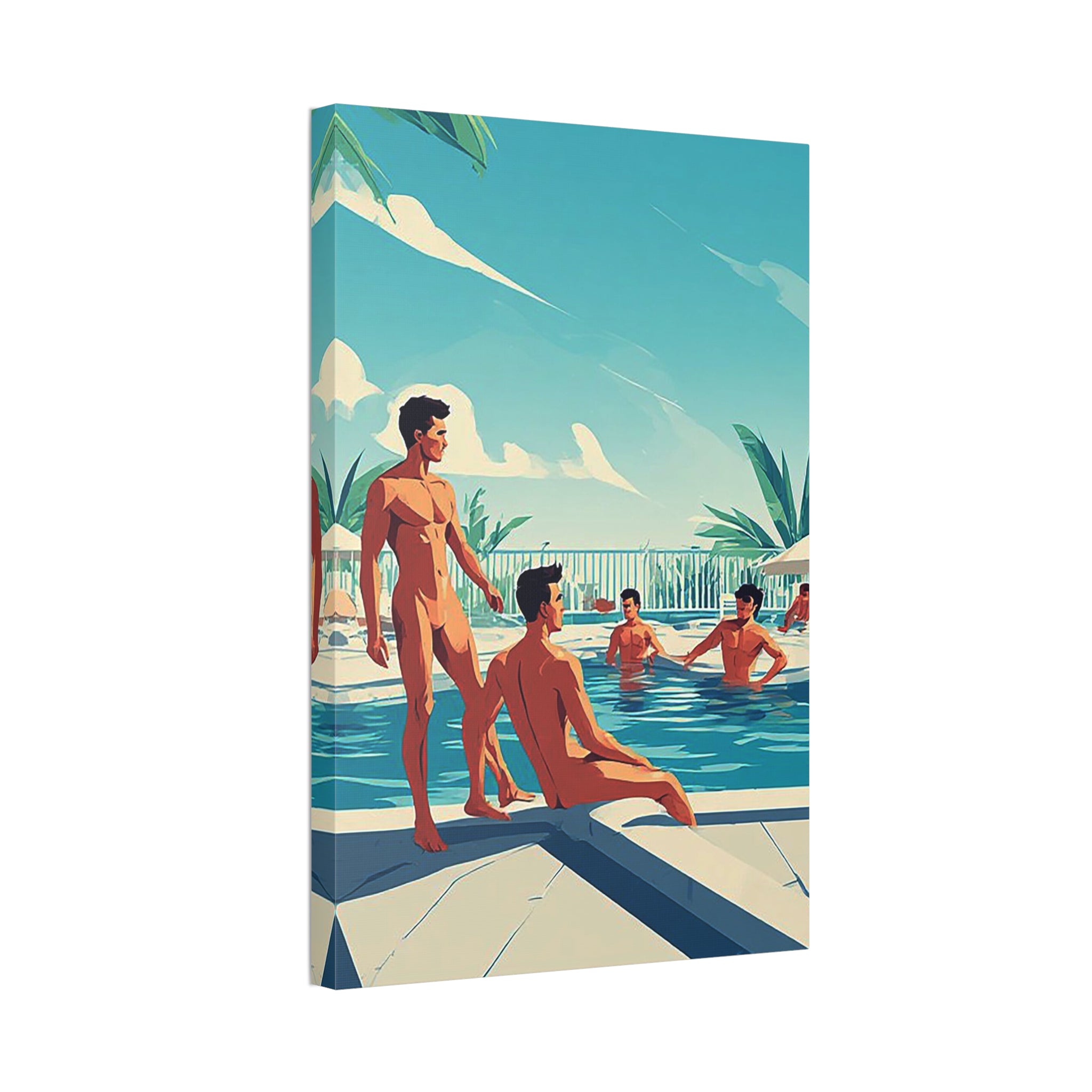 Poolside Vintage Art Canvas Print — Retro Men at Pool Wall Decor