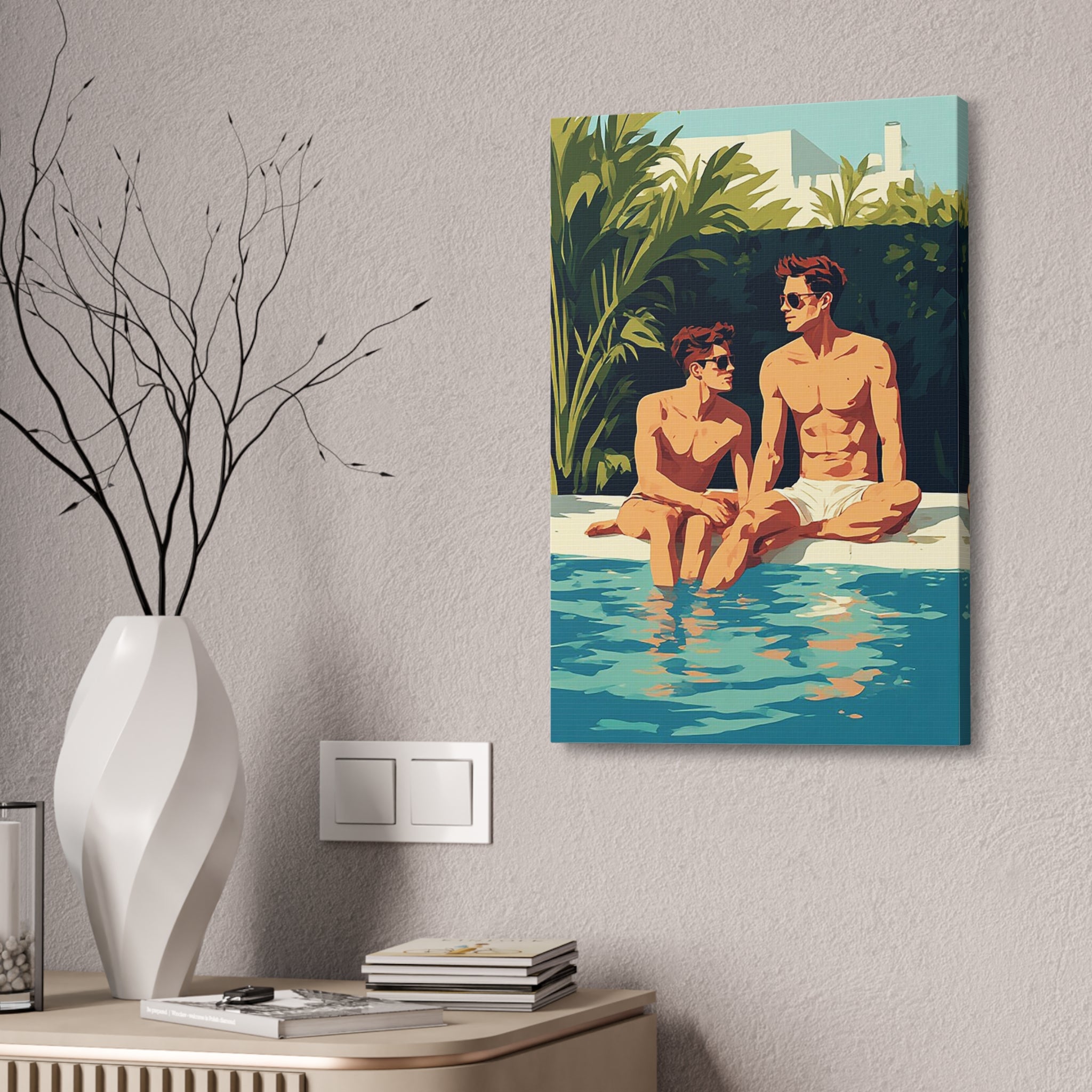 Poolside Fathers & Sons Canvas Print — Retro Summer Art