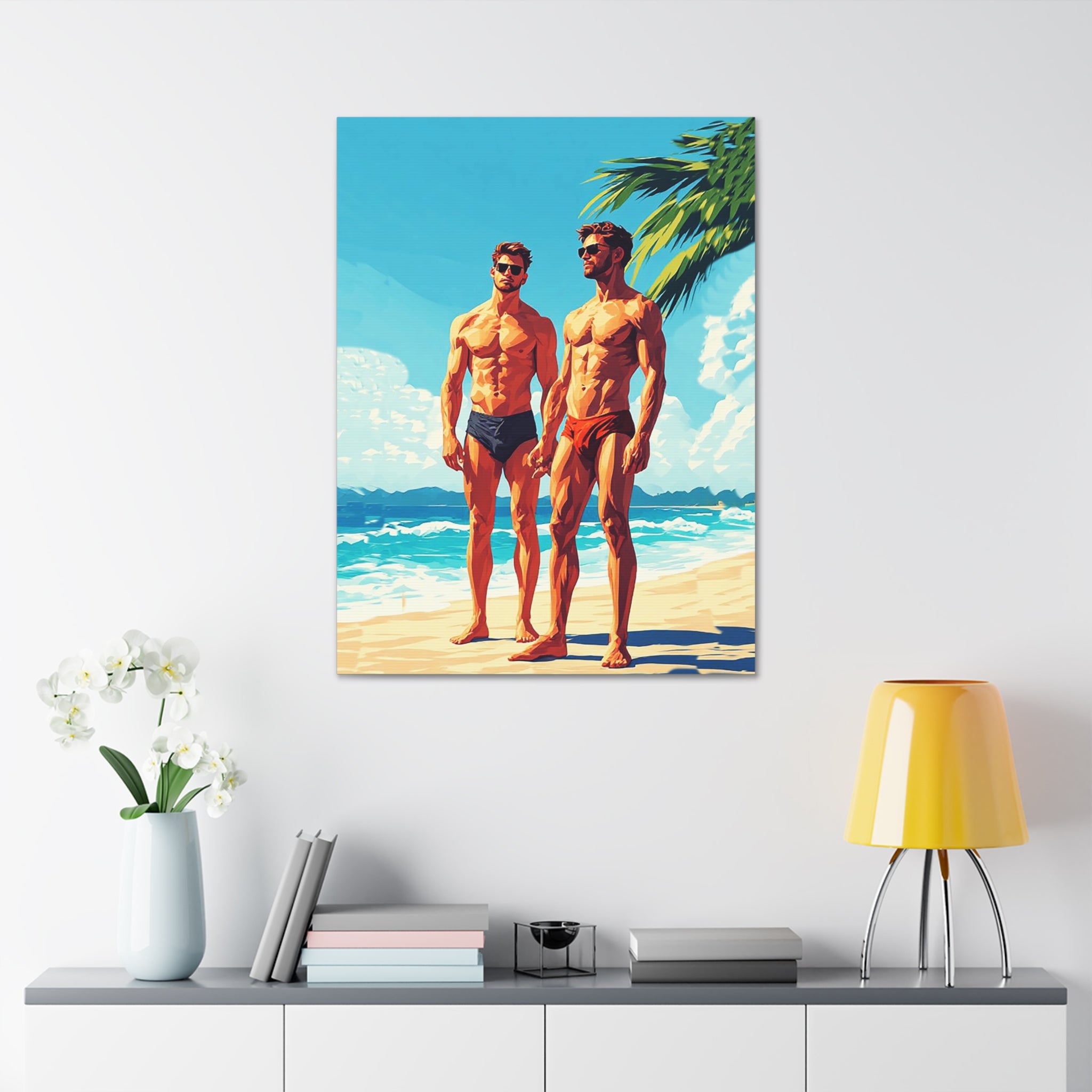 Beach Muscle Poster Canvas — Two Men Summer Swim Art (Stretched 1.5")