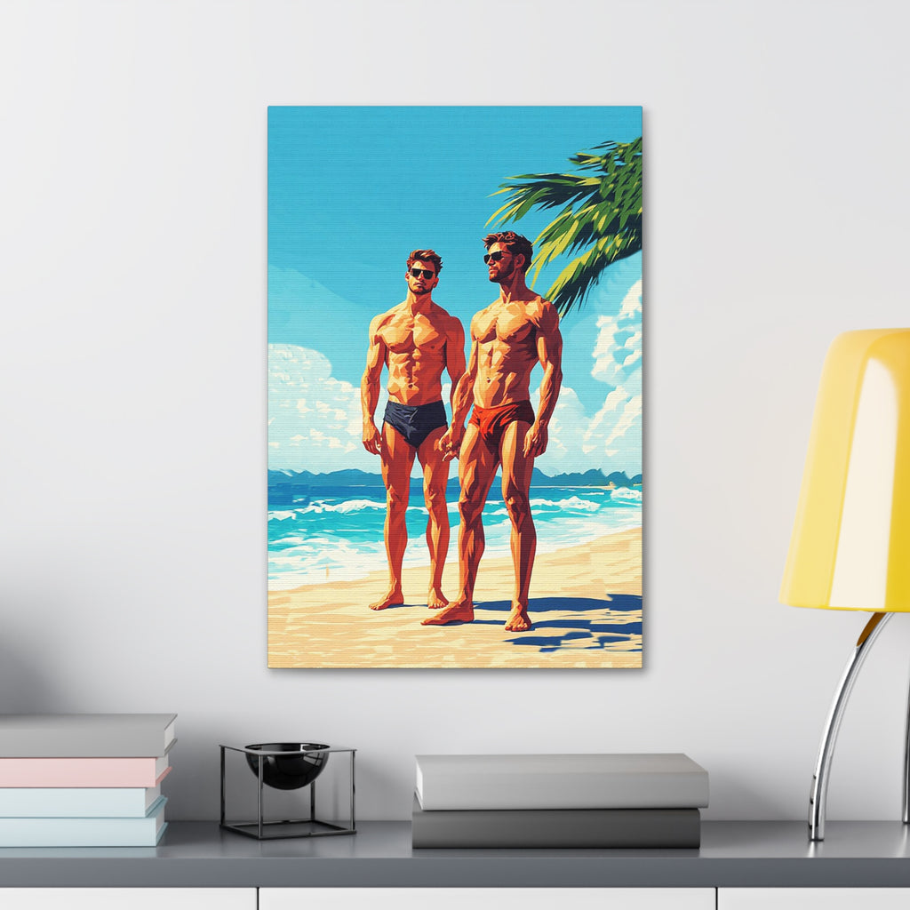 Beach Muscle Poster Canvas — Two Men Summer Swim Art (Stretched 1.5")