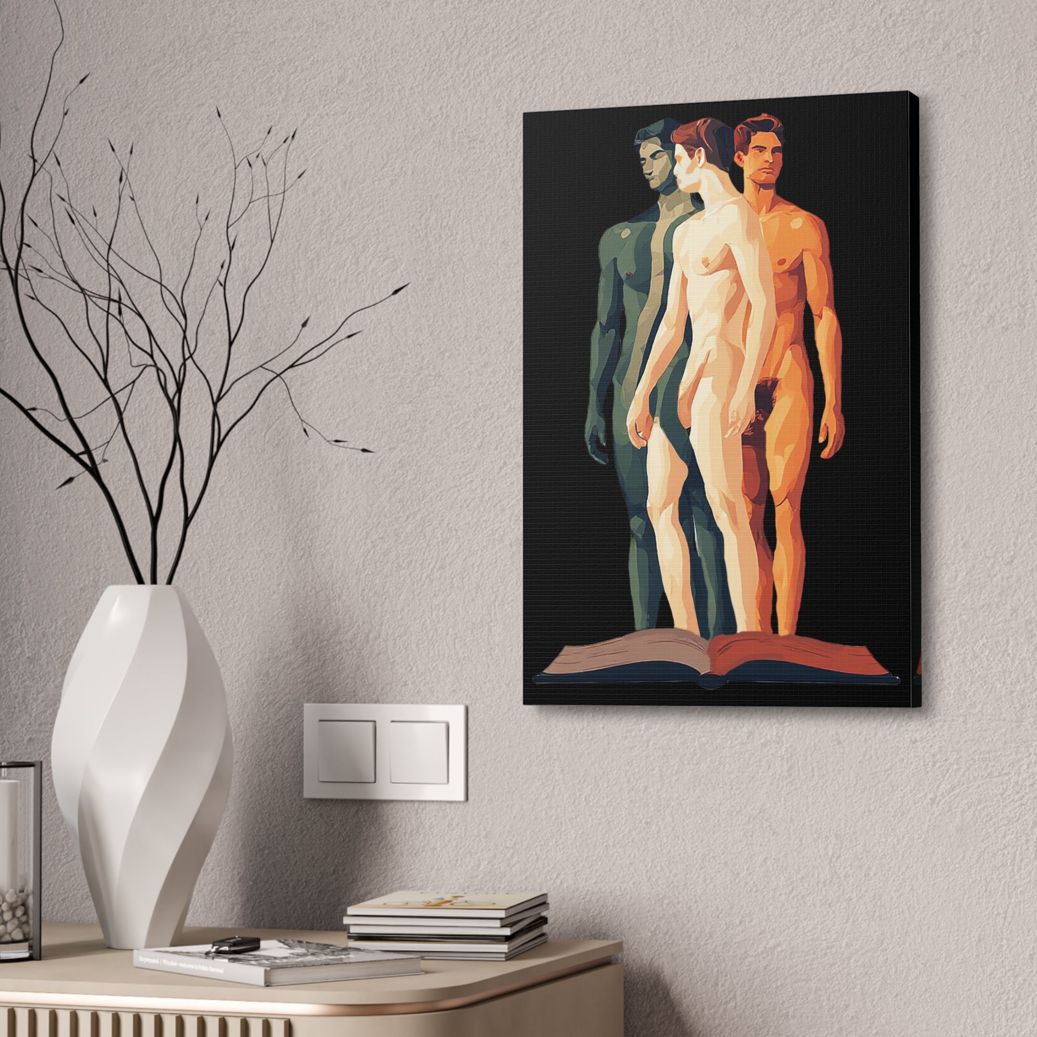 Figurative Triptych Canvas Art – Three Standing Men Over Open Book