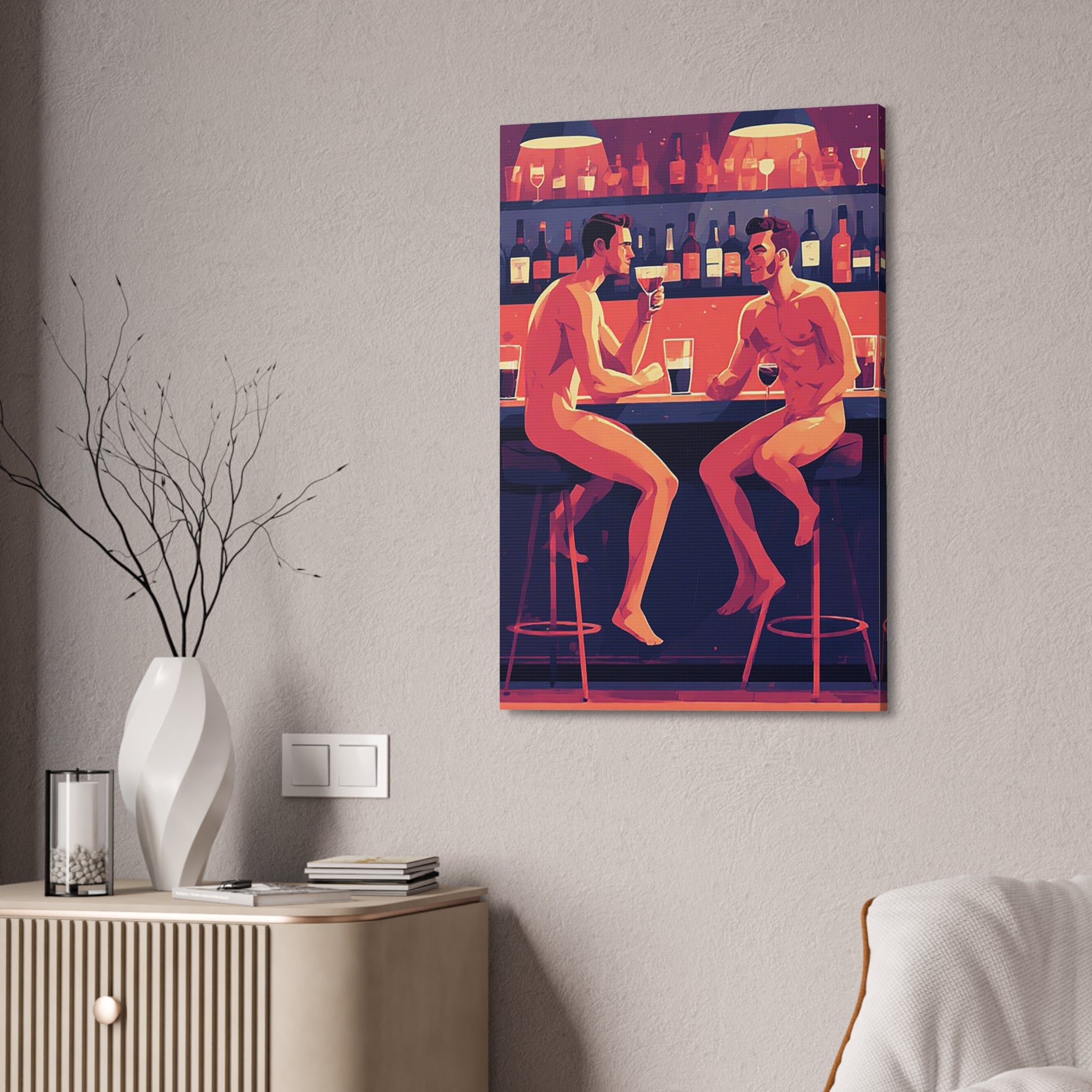 Canvas Print — Nude Men at Bar Illustration, Romantic Gay Art Decor
