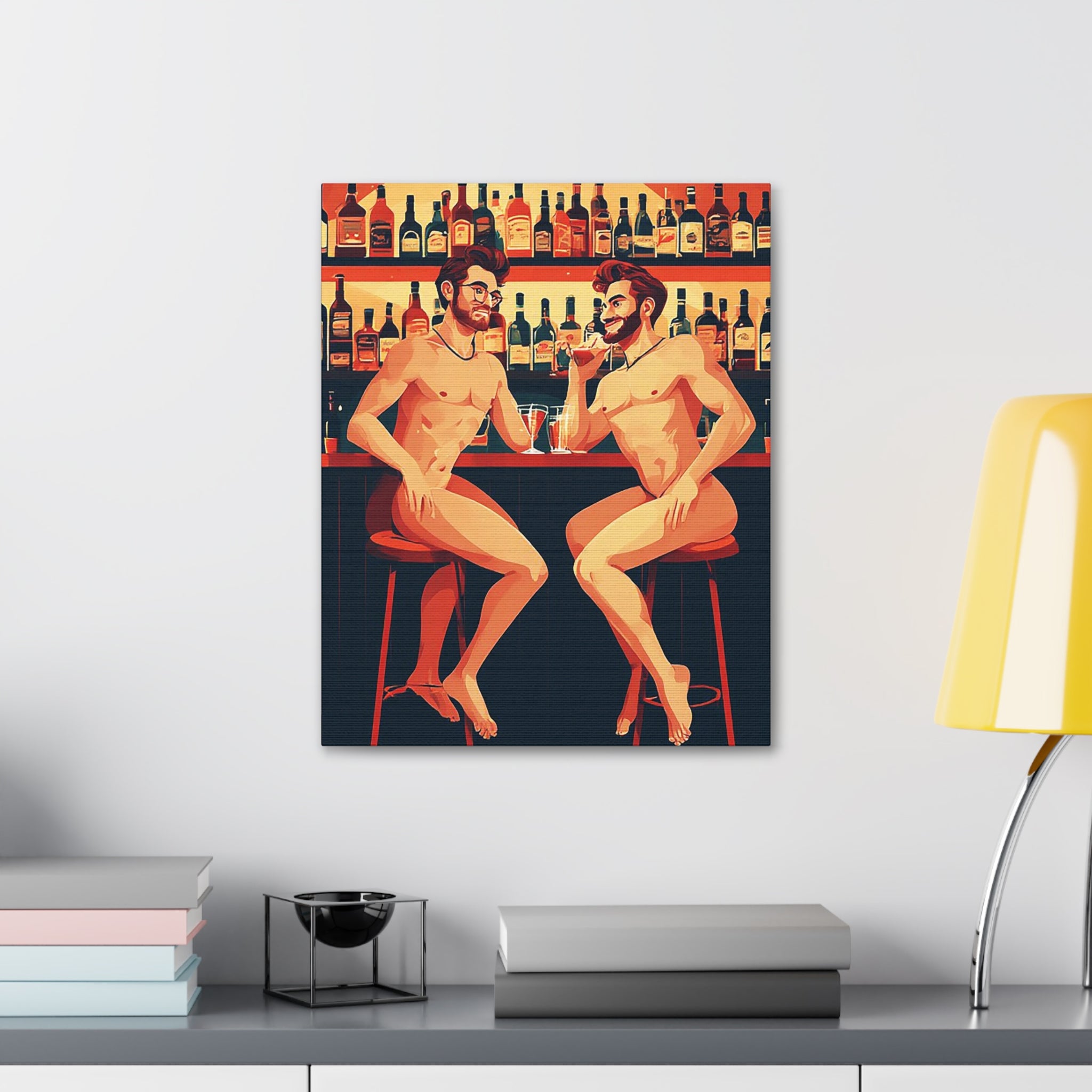 Nude Bar Buddies Canvas Print — Playful Gay Art Stretched Wall Decor