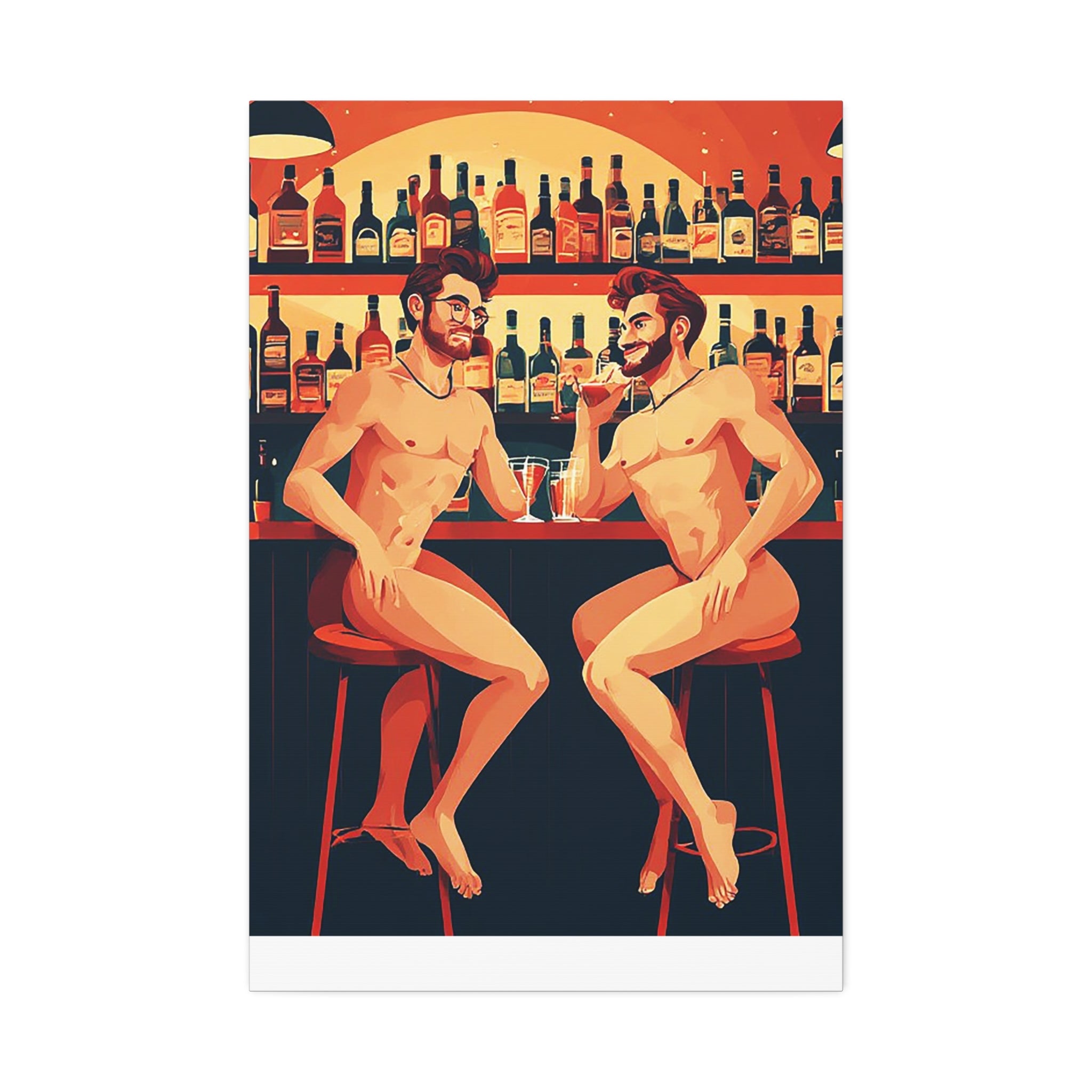 Nude Bar Buddies Canvas Print — Playful Gay Art Stretched Wall Decor