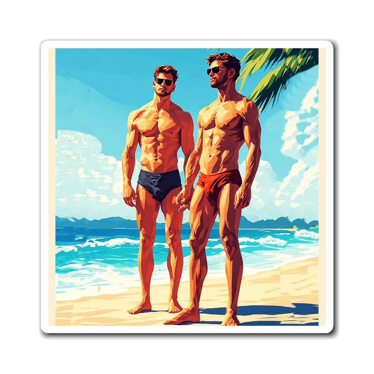 Beach Muscle Duo Magnet — Vintage Swim Lifeguard Poster Refrigerator Decor