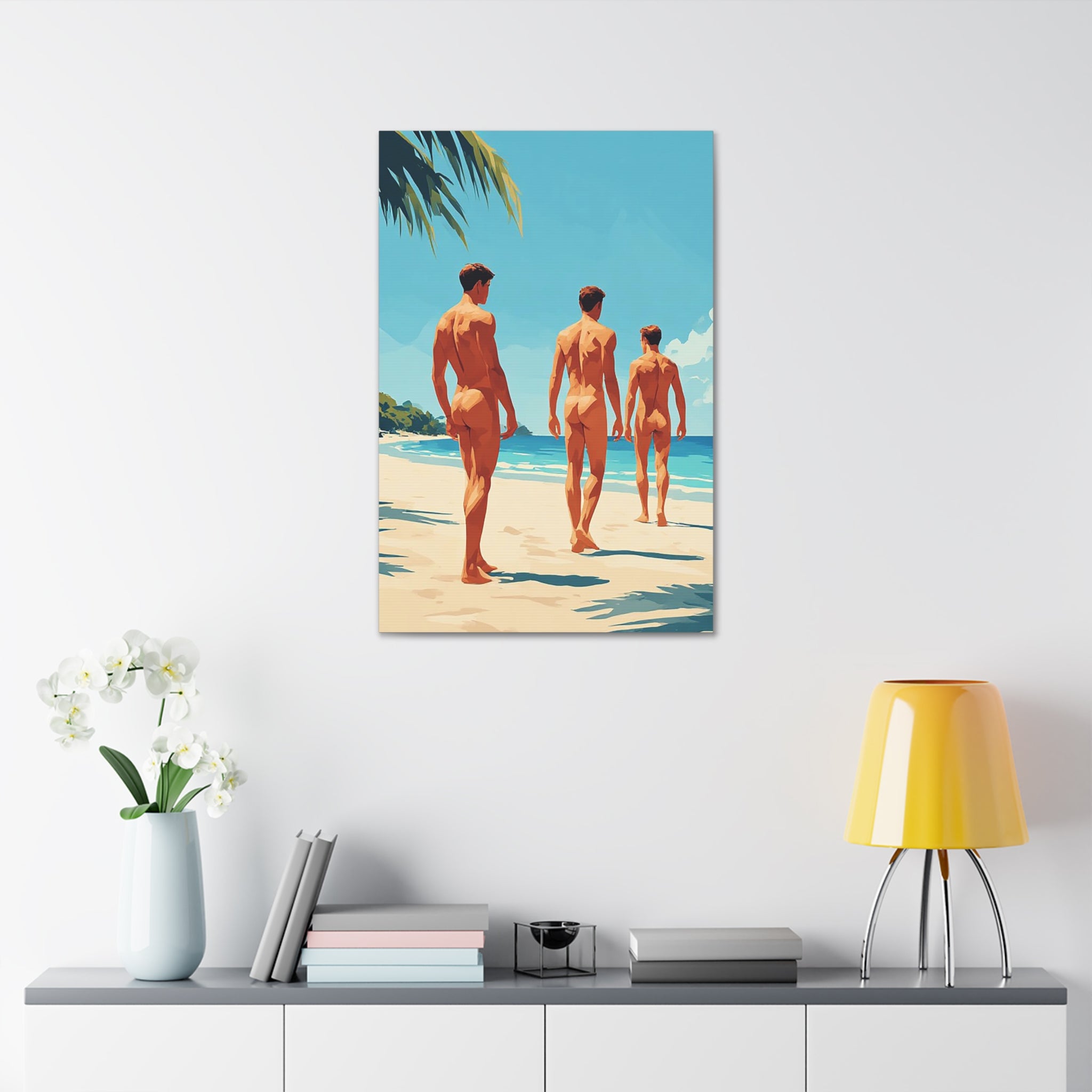 Beach Walk Canvas Print — Retro Sunlit Male Figures Stretched Canvas