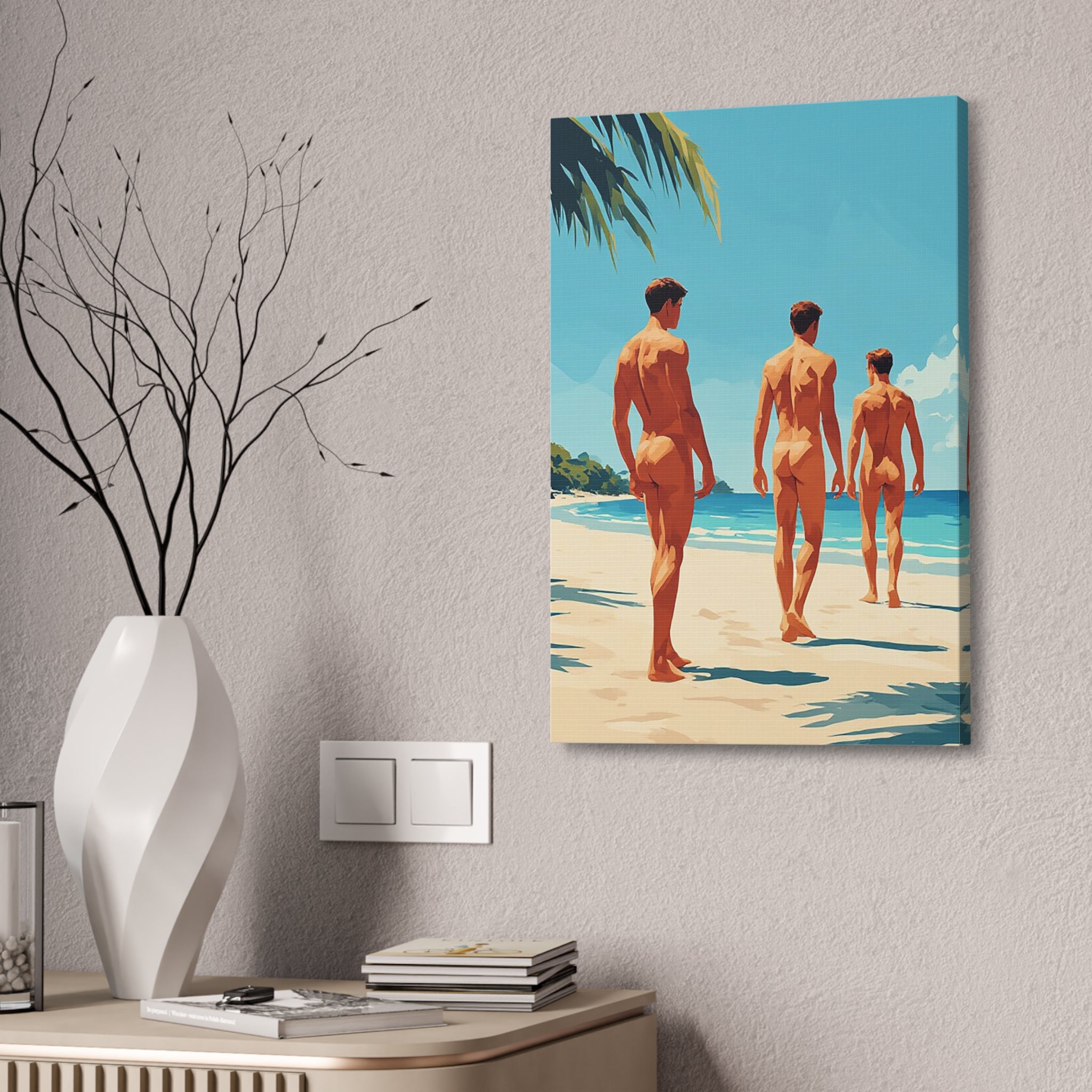 Beach Walk Canvas Print — Retro Sunlit Male Figures Stretched Canvas