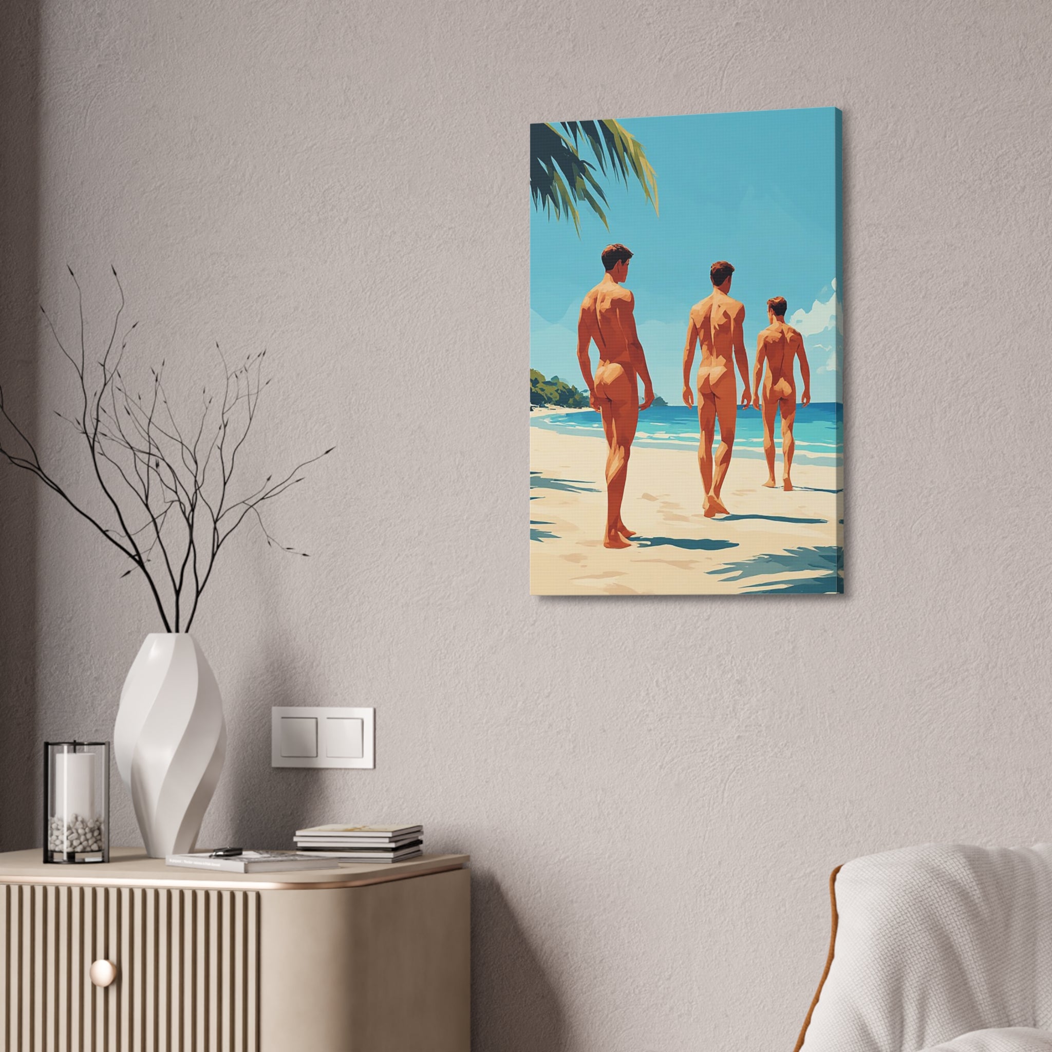 Beach Walk Canvas Print — Retro Sunlit Male Figures Stretched Canvas