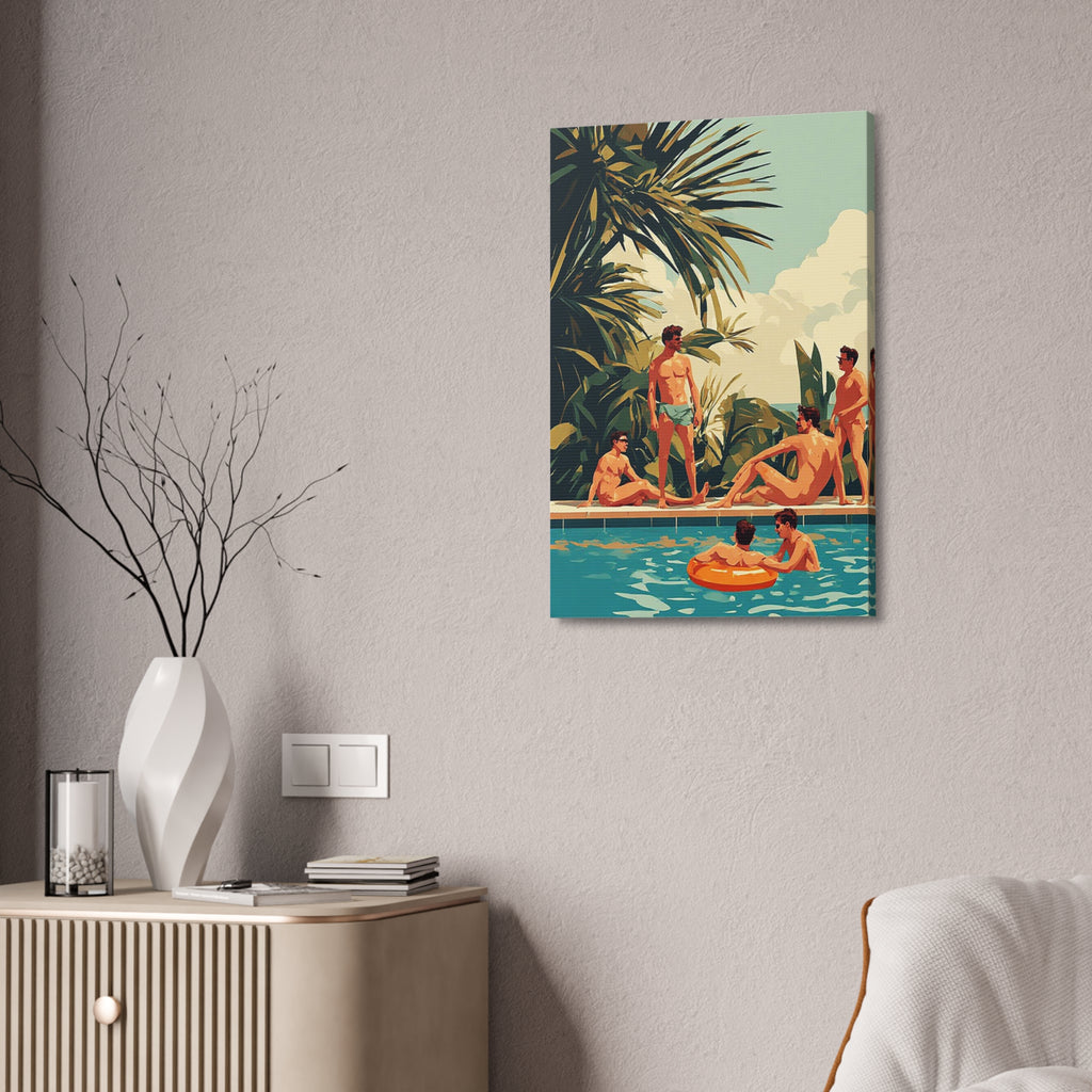 Retro Poolside Canvas Wall Art — Vintage Summer Men by the Pool Stretched Canvas