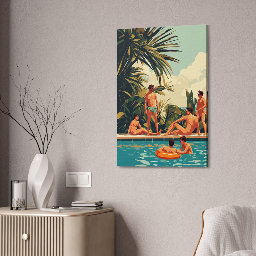 Retro Poolside Canvas Wall Art — Vintage Summer Men by the Pool Stretched Canvas