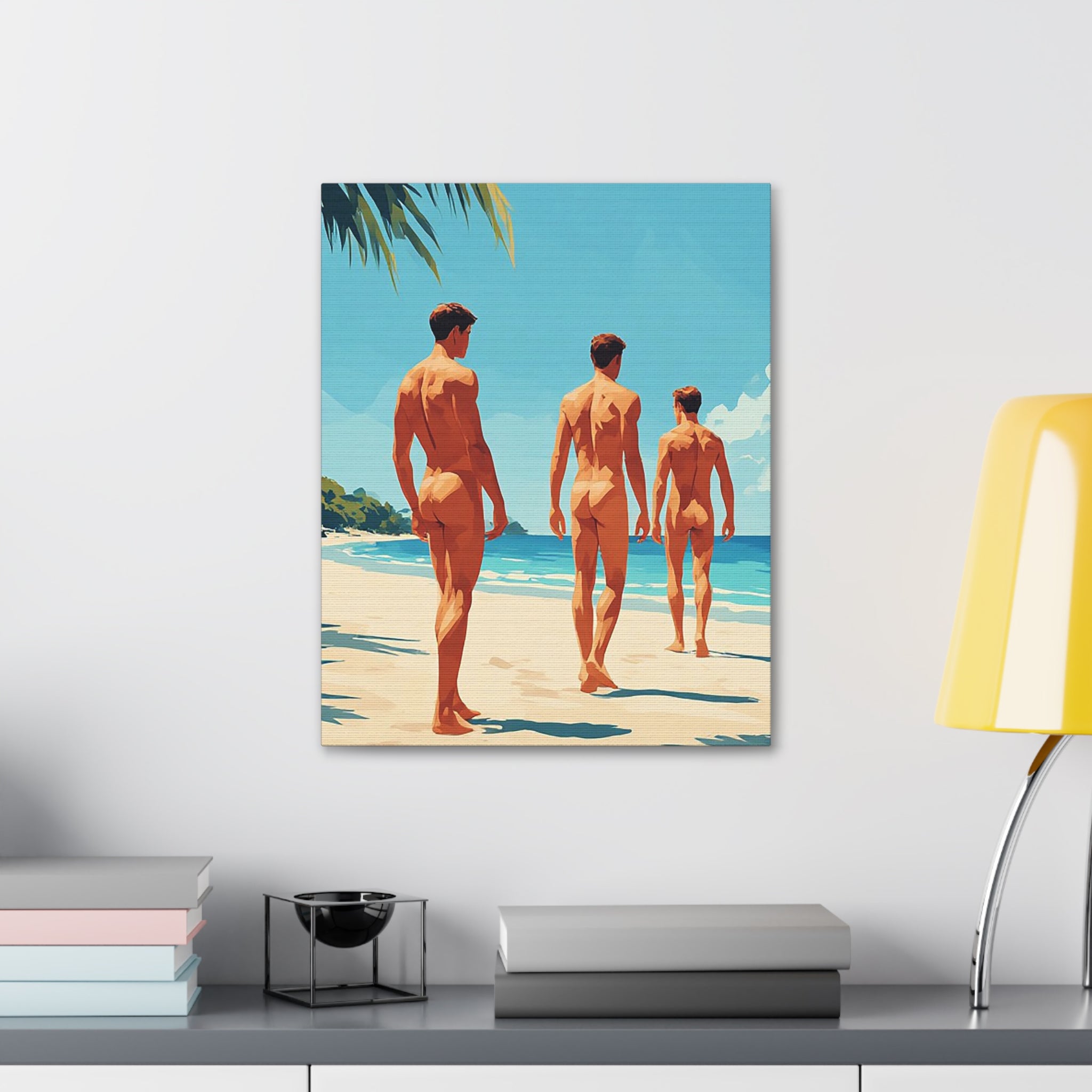Beach Walk Canvas Print — Retro Sunlit Male Figures Stretched Canvas