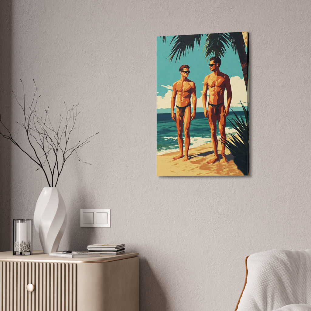 Vintage Beach Print Canvas — Two Men at Sea Stretched Wall Art