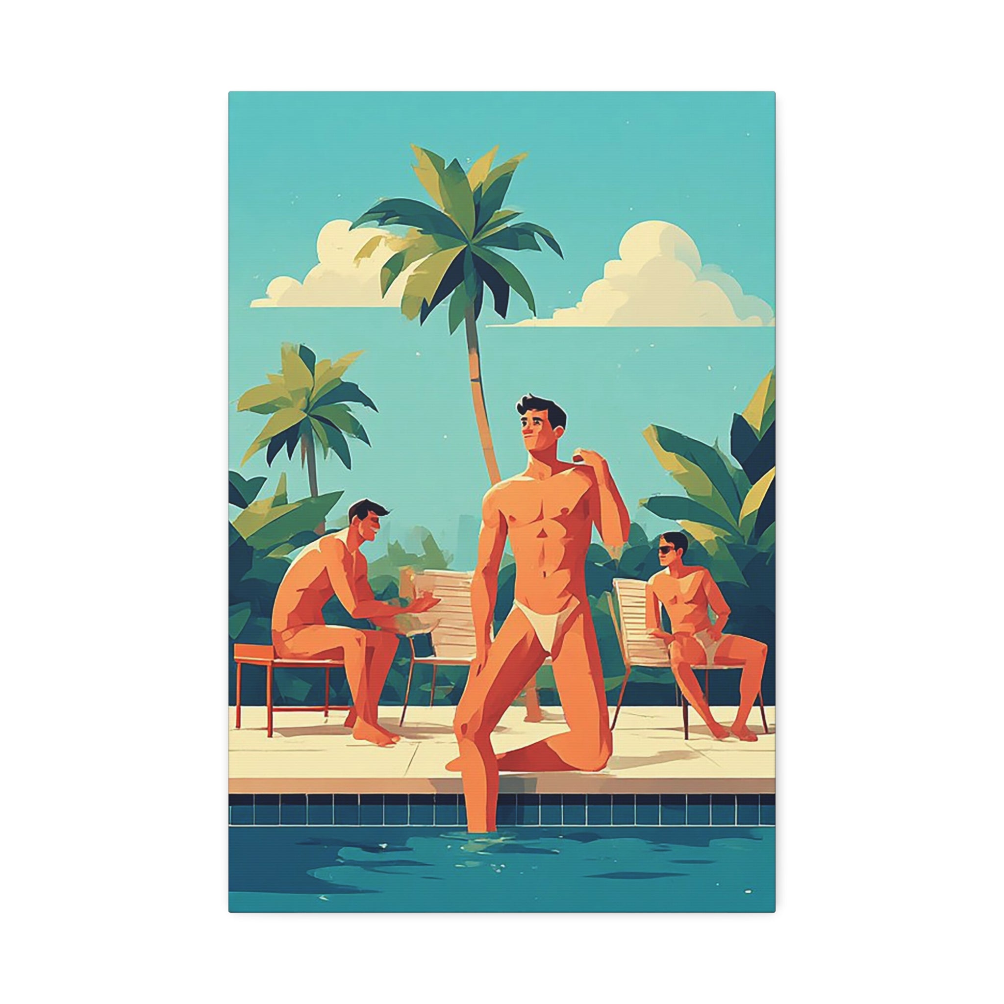 Tropical Poolside Canvas Print — Retro Men at Pool Art