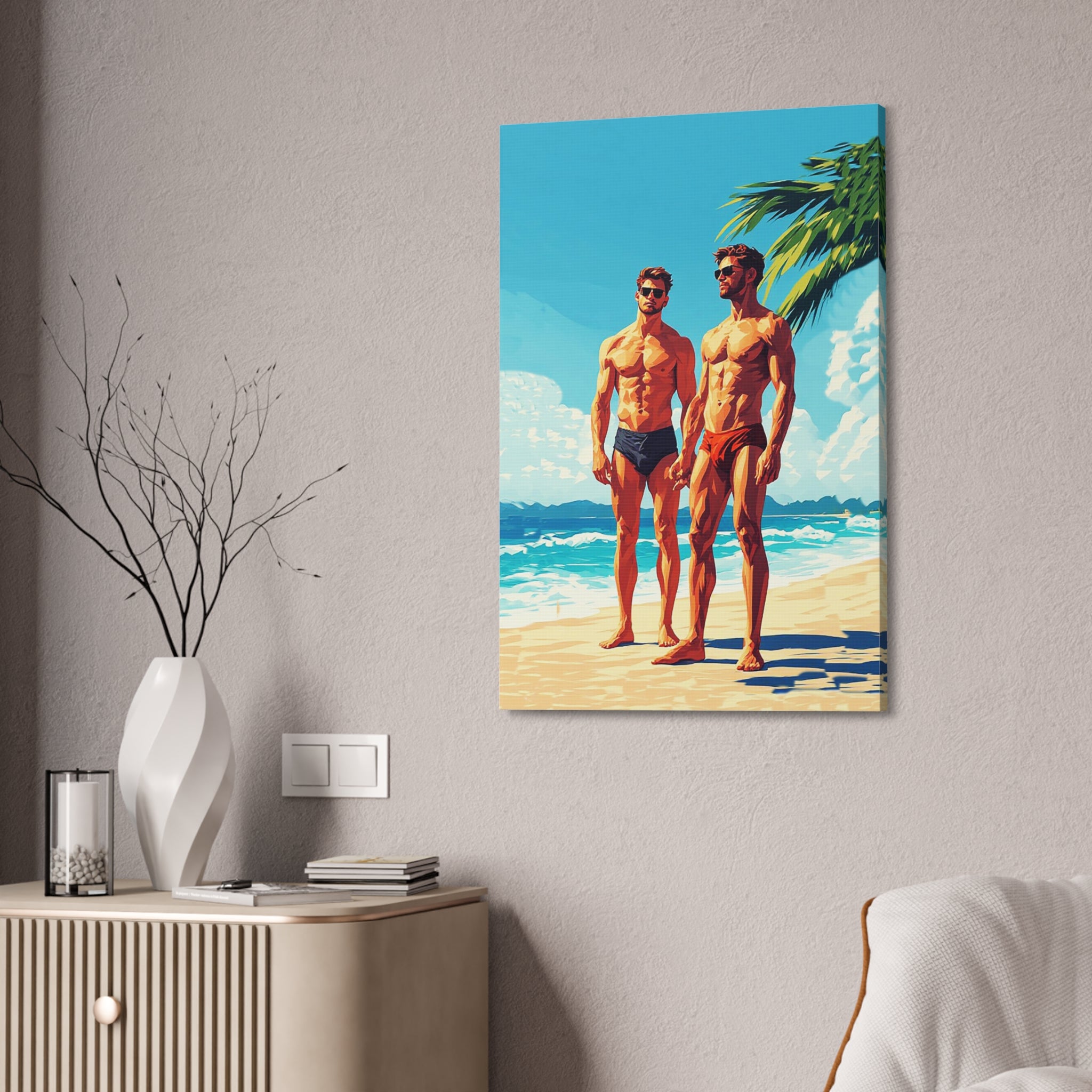 Beach Muscle Poster Canvas — Two Men Summer Swim Art (Stretched 1.5")