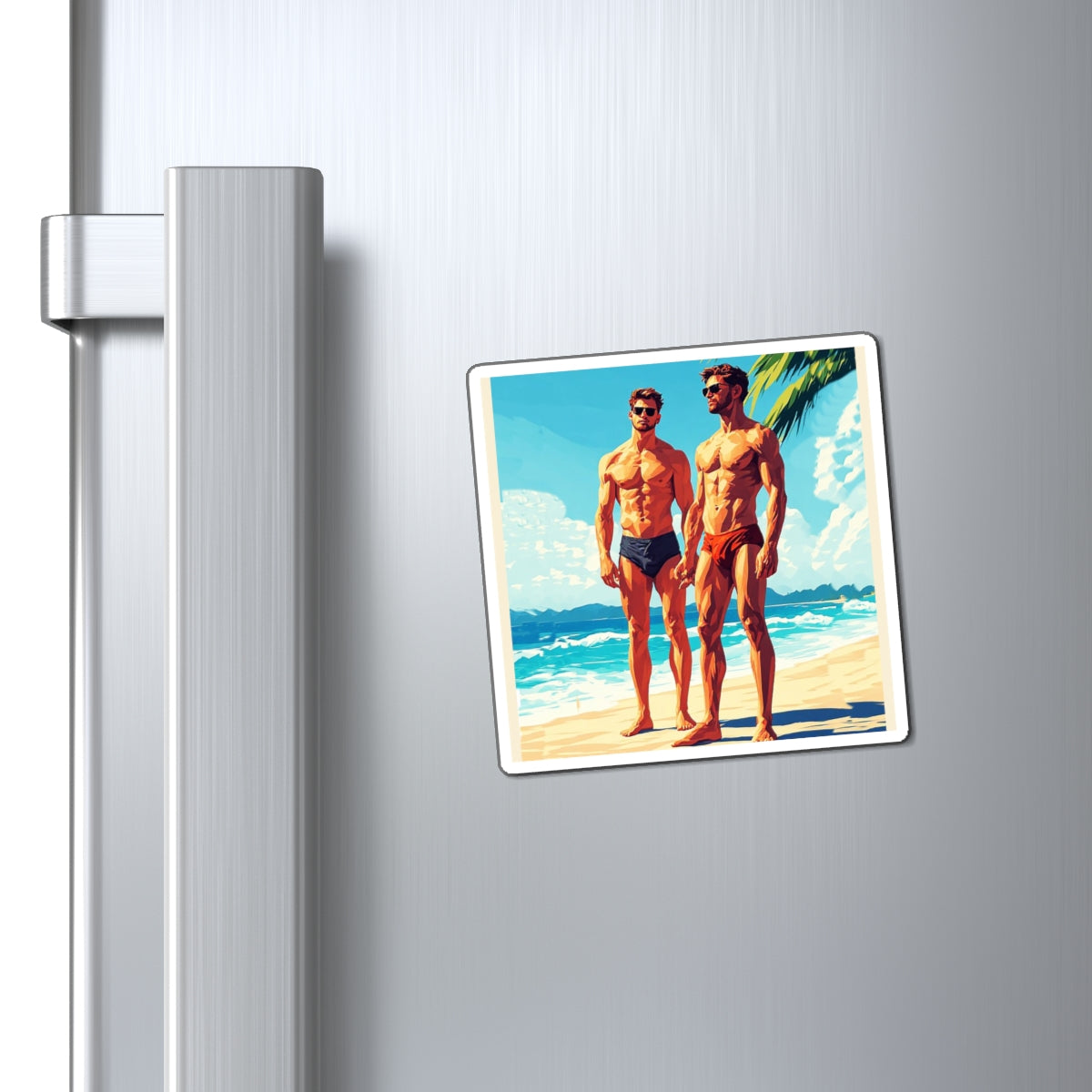 Beach Muscle Duo Magnet — Vintage Swim Lifeguard Poster Refrigerator Decor
