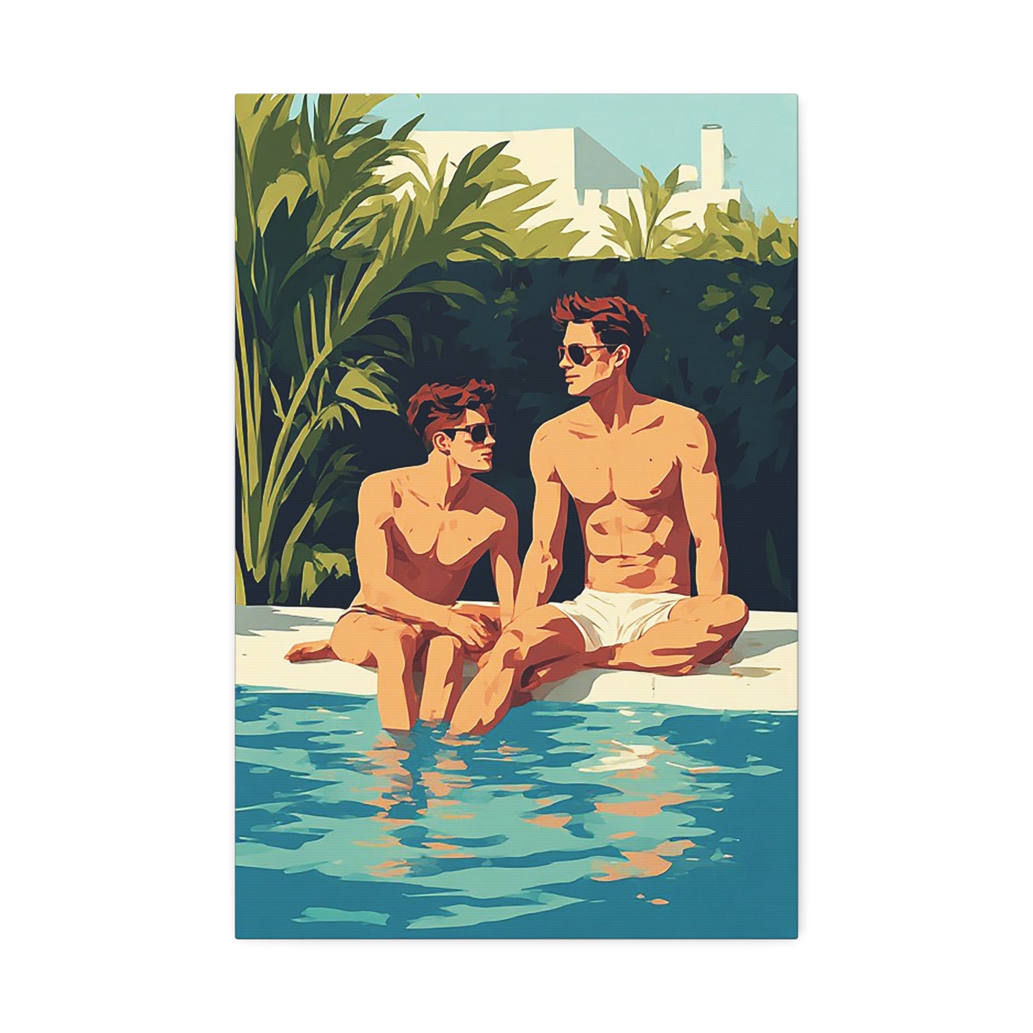 Poolside Fathers & Sons Canvas Print — Retro Summer Art
