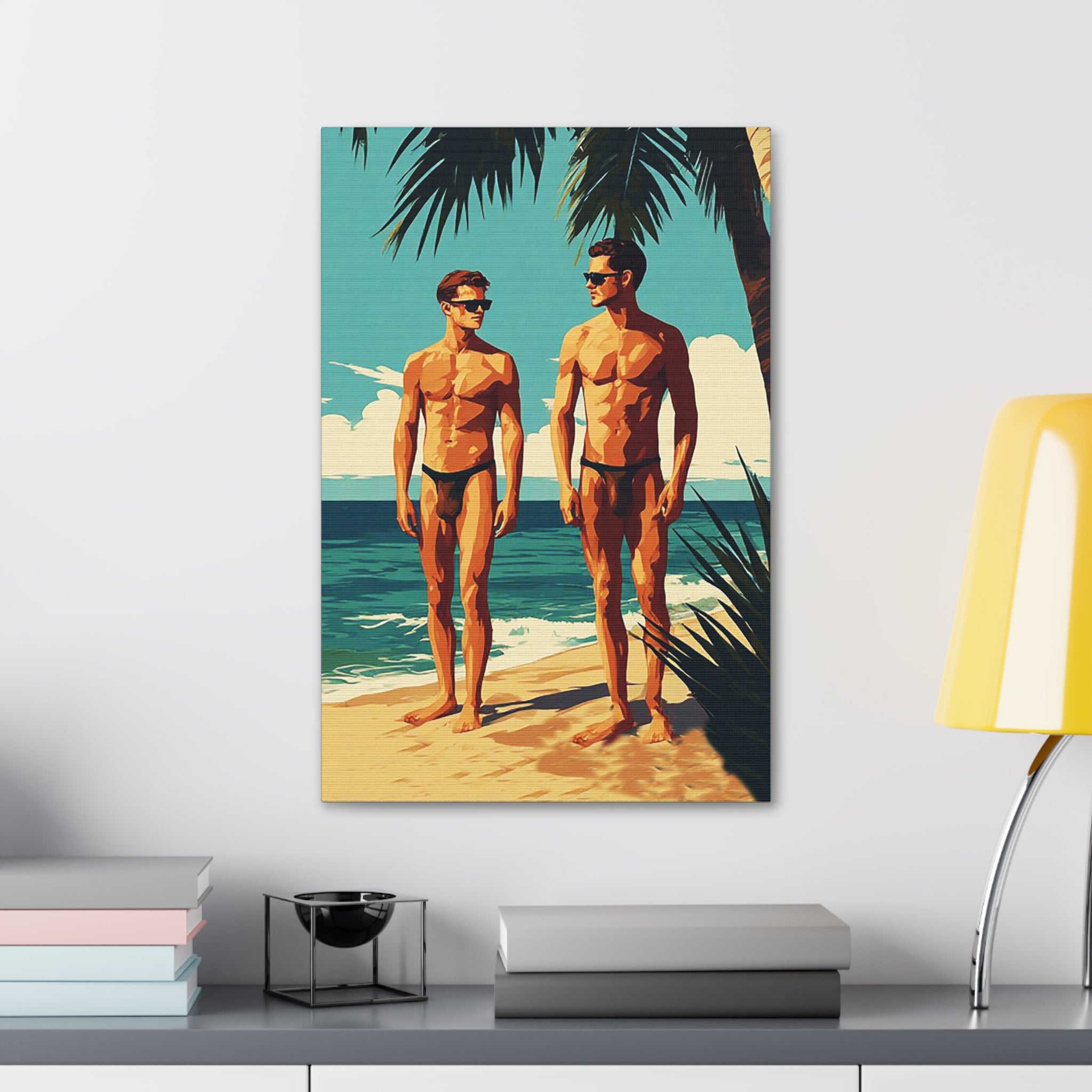 Vintage Beach Print Canvas — Two Men at Sea Stretched Wall Art