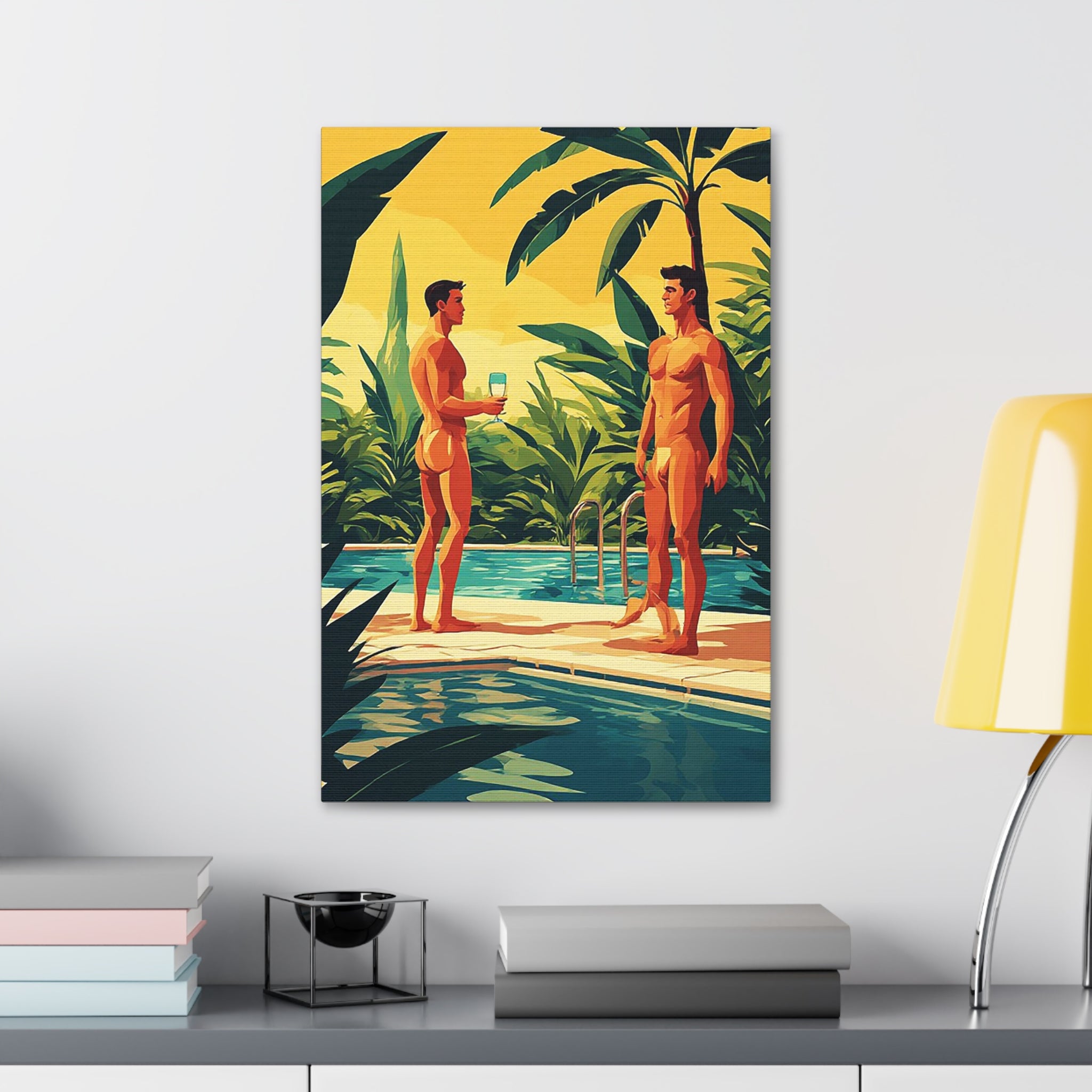 Poolside Fathers & Sons Canvas Print — Retro Summer Art