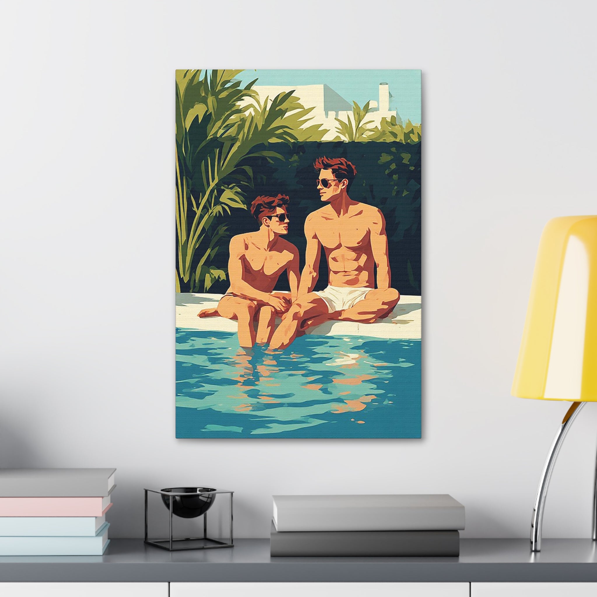 Poolside Fathers & Sons Canvas Print — Retro Summer Art