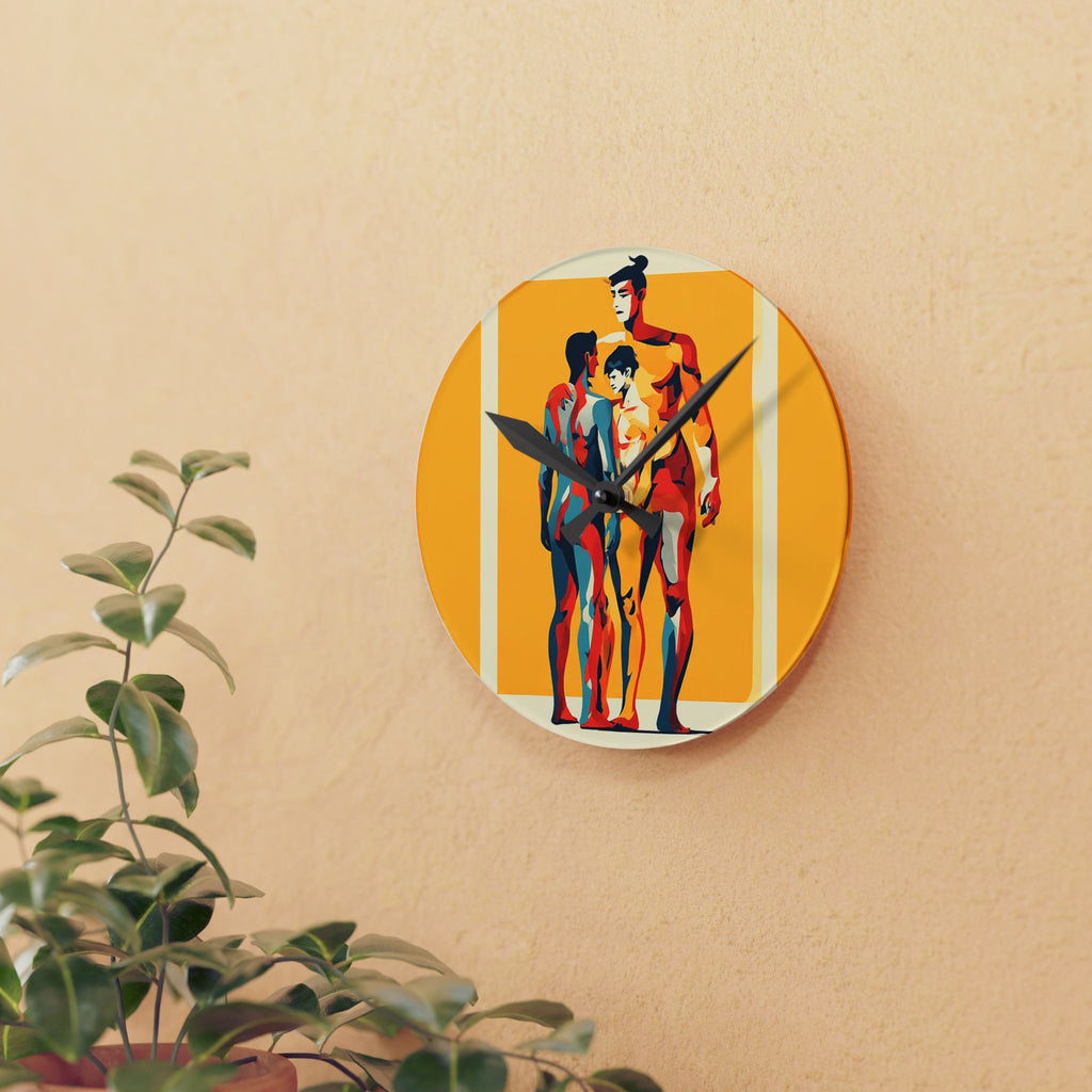 Acrylic Wall Clock — Retro Pop Art Family Silhouette on Yellow