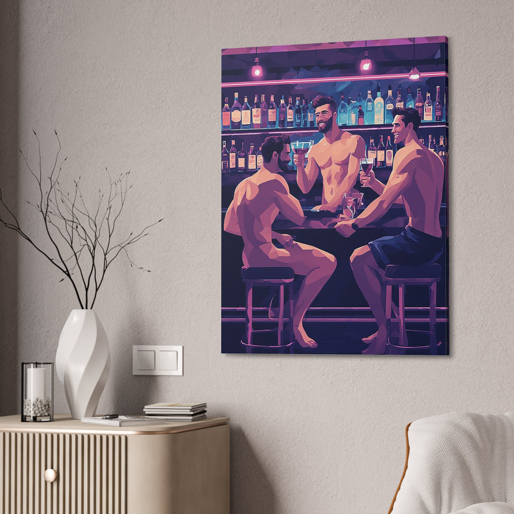 Naked Bartenders Canvas Print – Men at the Bar Stretched Wall Art