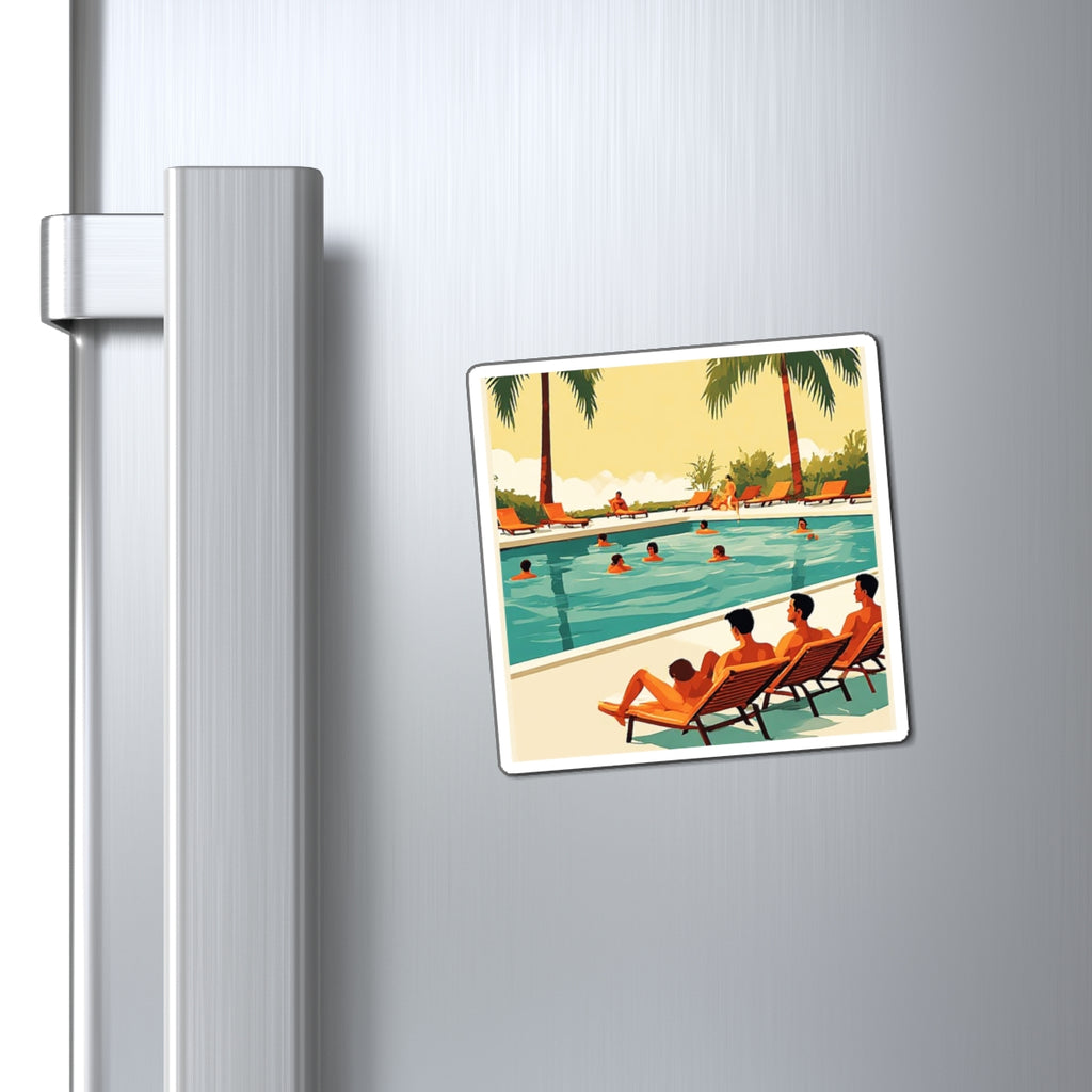 Retro Poolside Scene Magnet — Vintage Tropical Vacation Refrigerator Art
