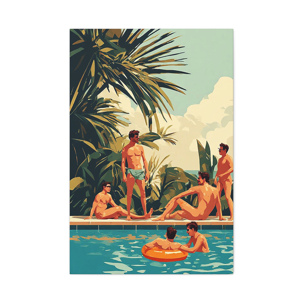 Retro Poolside Canvas Wall Art — Vintage Summer Men by the Pool Stretched Canvas