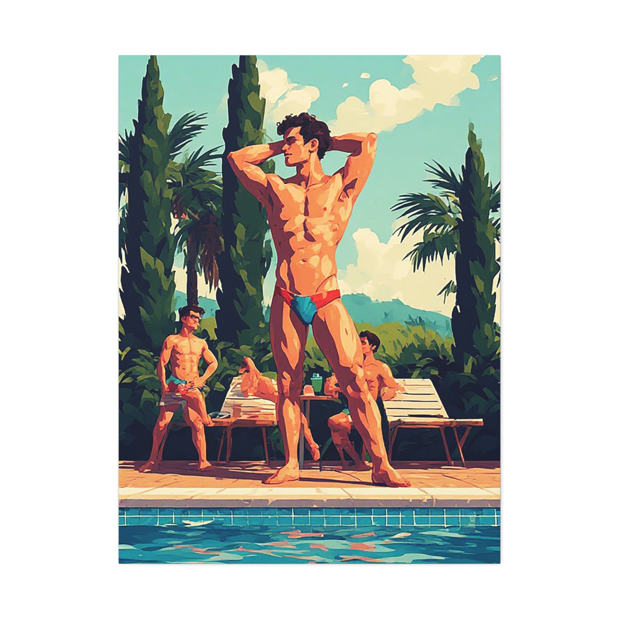 Poolside Men Canvas Print — Retro Tropical Swimsuit Wall Art