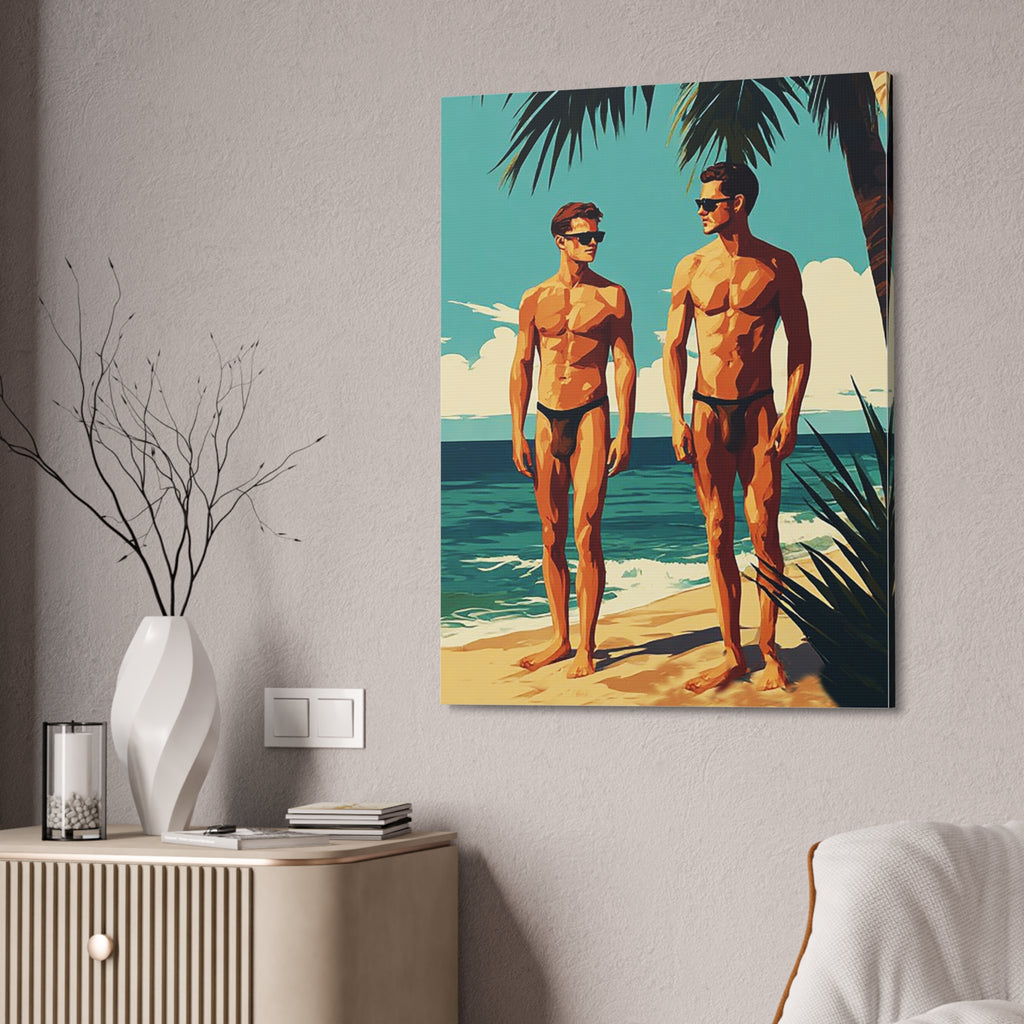 Vintage Beach Print Canvas — Two Men at Sea Stretched Wall Art