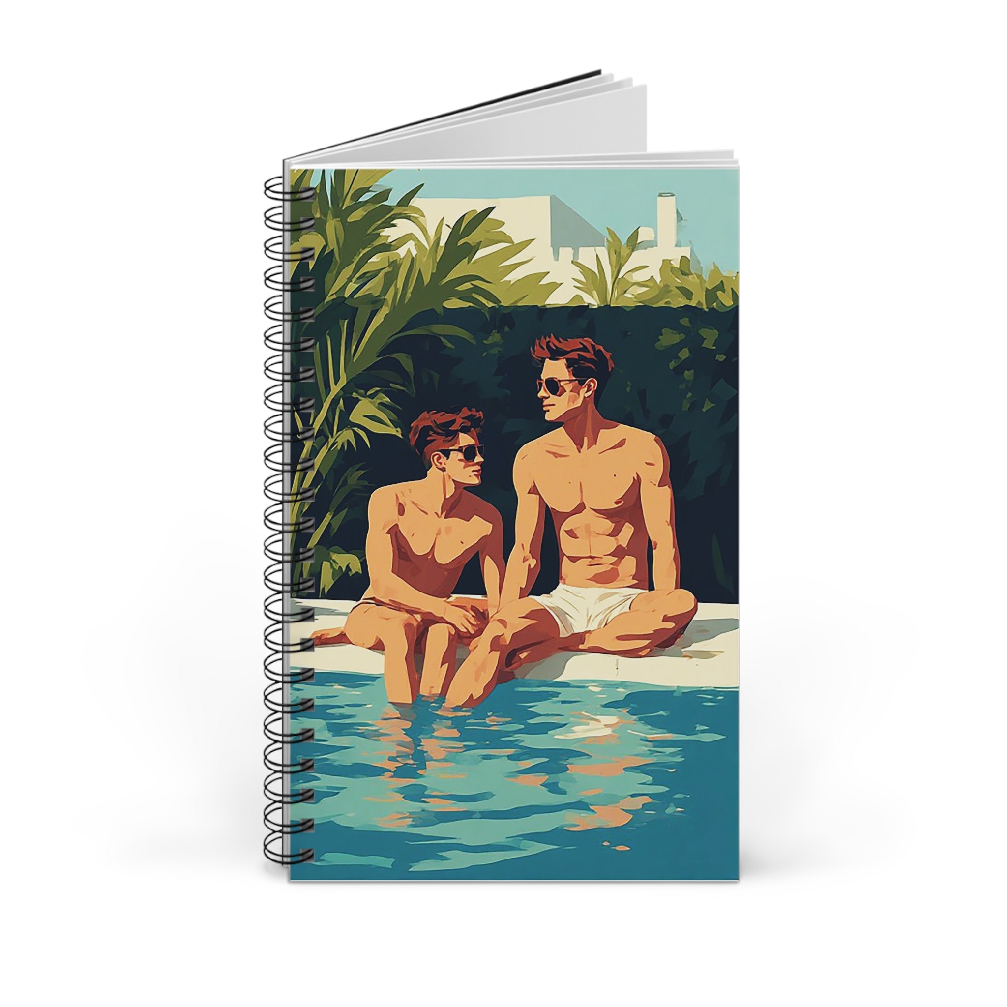 Poolside Summer Journal — Retro Men by the Pool Spiral Notebook