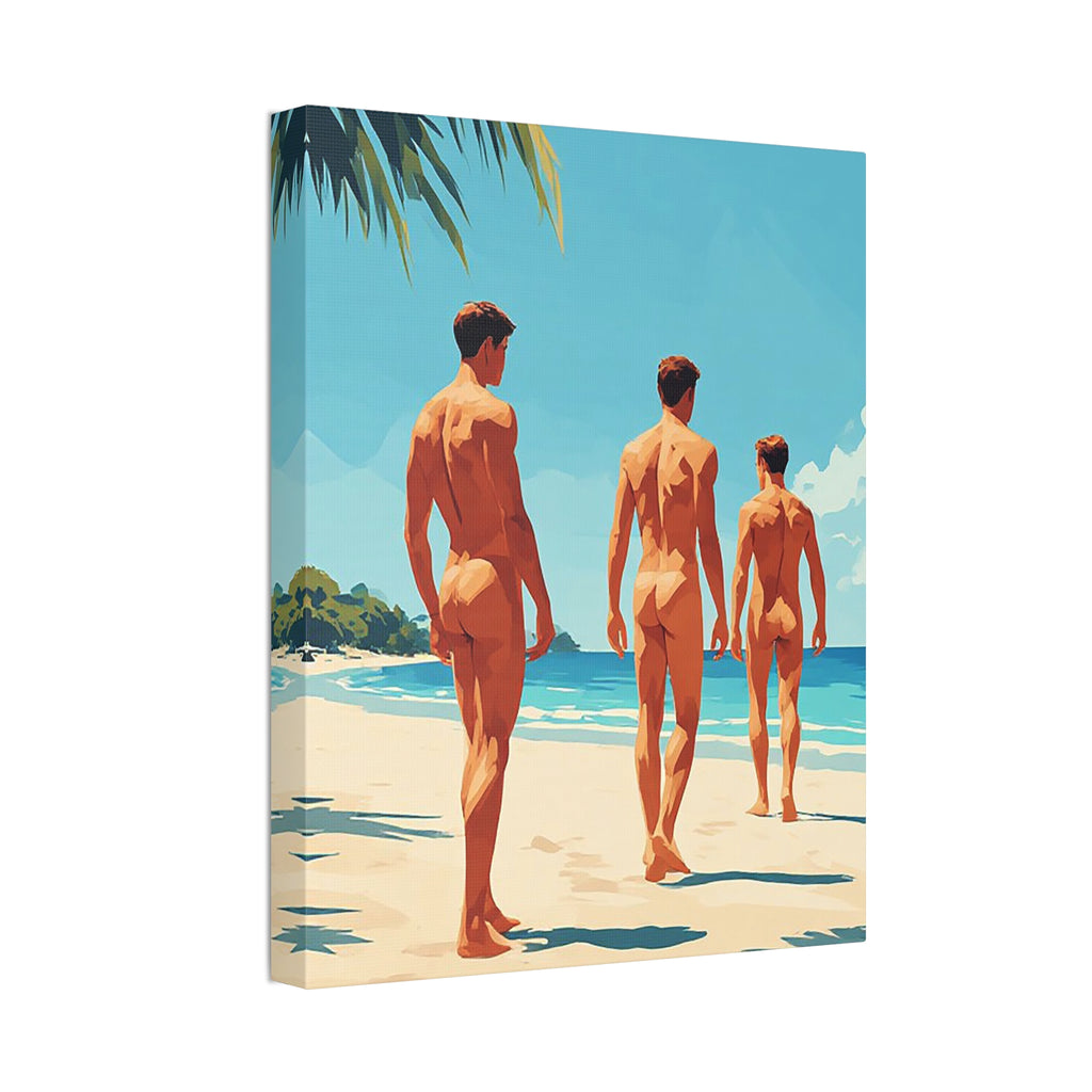 Beach Walk Canvas Print — Retro Sunlit Male Figures Stretched Canvas