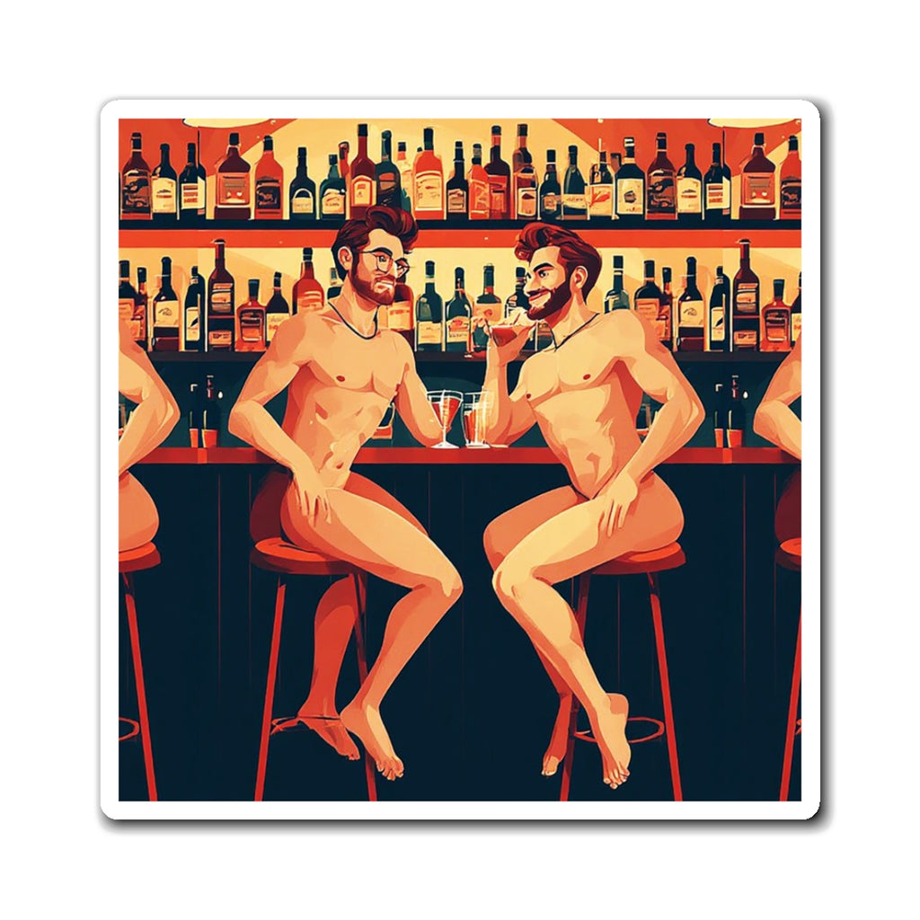 Gay Bar Art Magnet — Playful Retro Nude Bartender Illustration Refrigerator Sticker