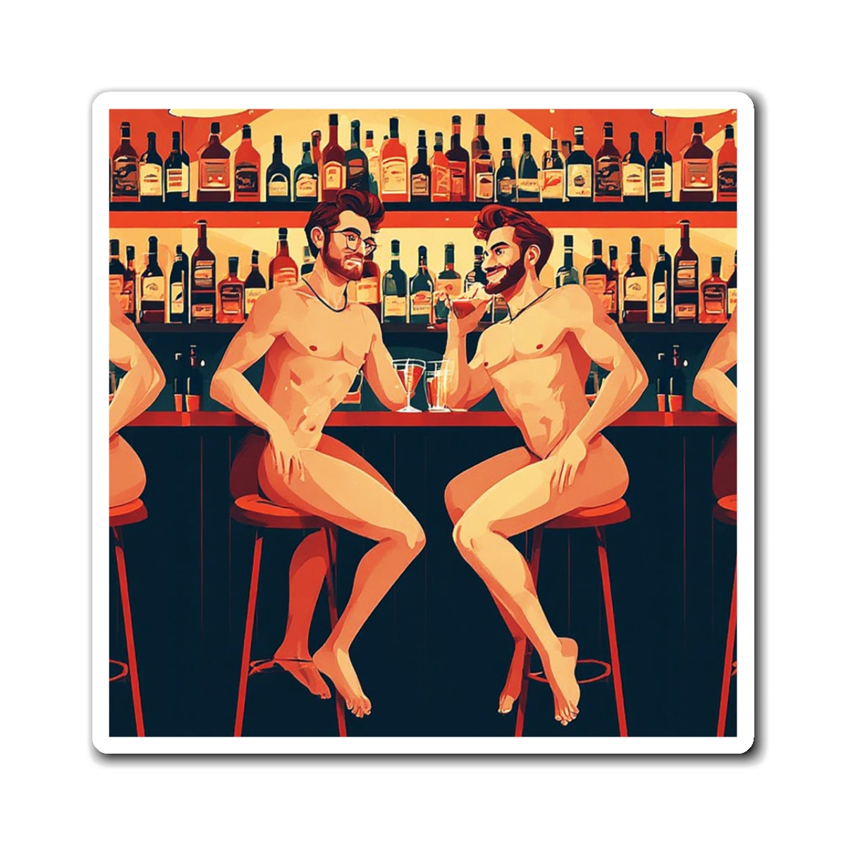 Gay Bar Art Magnet — Playful Retro Nude Bartender Illustration Refrigerator Sticker