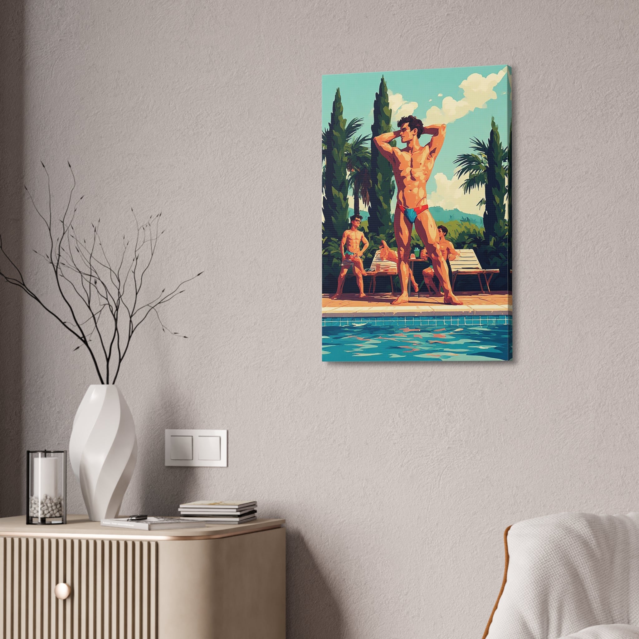 Poolside Men Canvas Print — Retro Tropical Swimsuit Wall Art