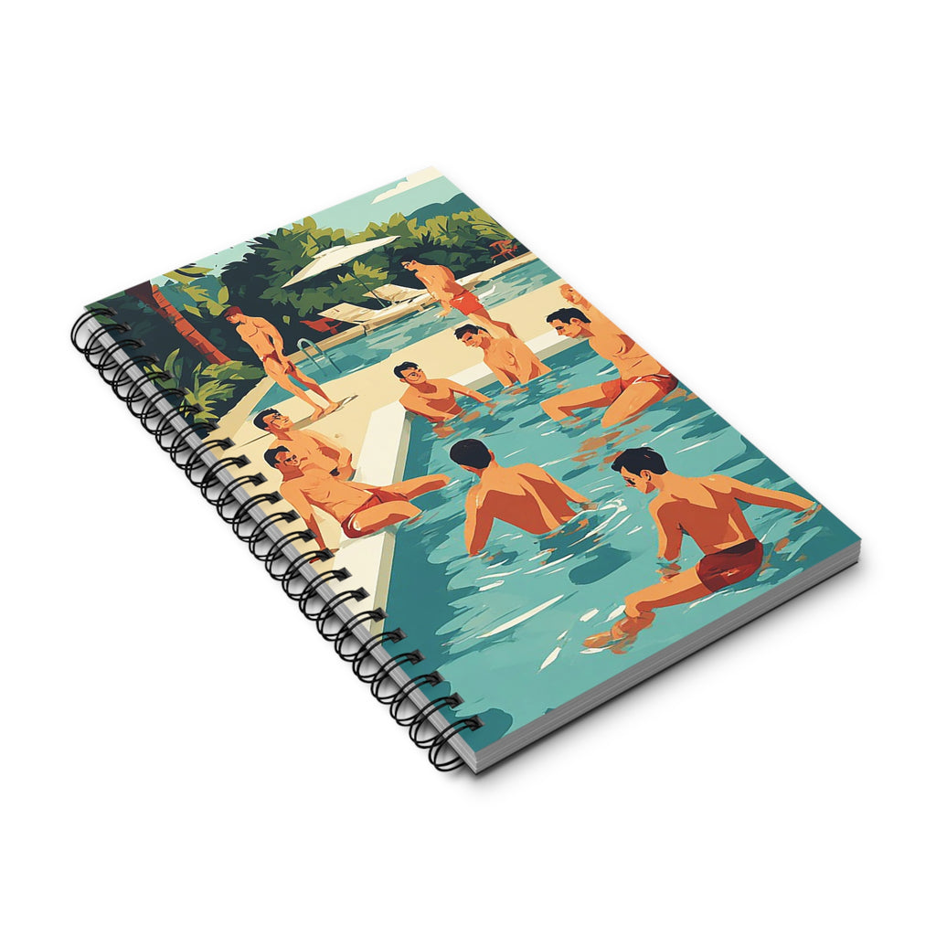 Poolside Retro Spiral Journal — Vintage Men at Pool Cover, Travel & Summer Notebook