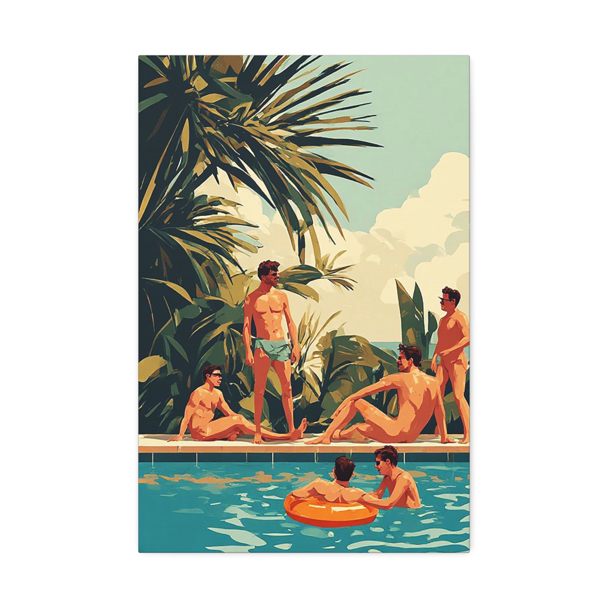 Retro Poolside Canvas Wall Art — Vintage Summer Men by the Pool Stretched Canvas