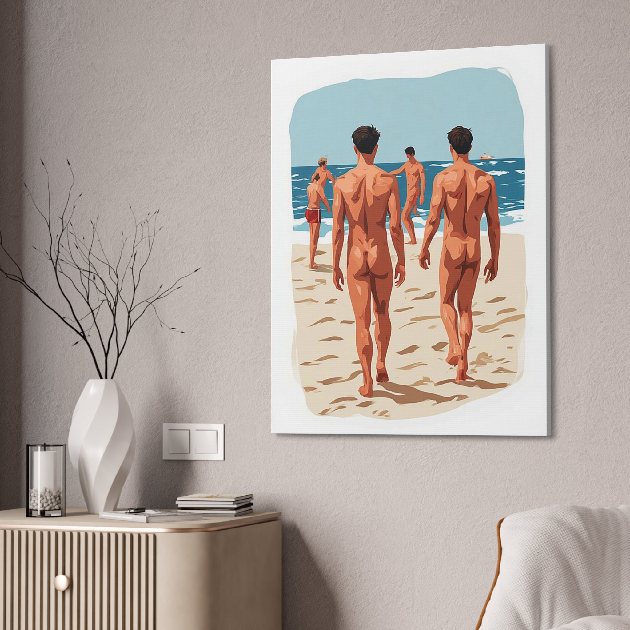 Canvas Wall Art – Beach Scene of Men Walking on Shore (Stretched Canvas)