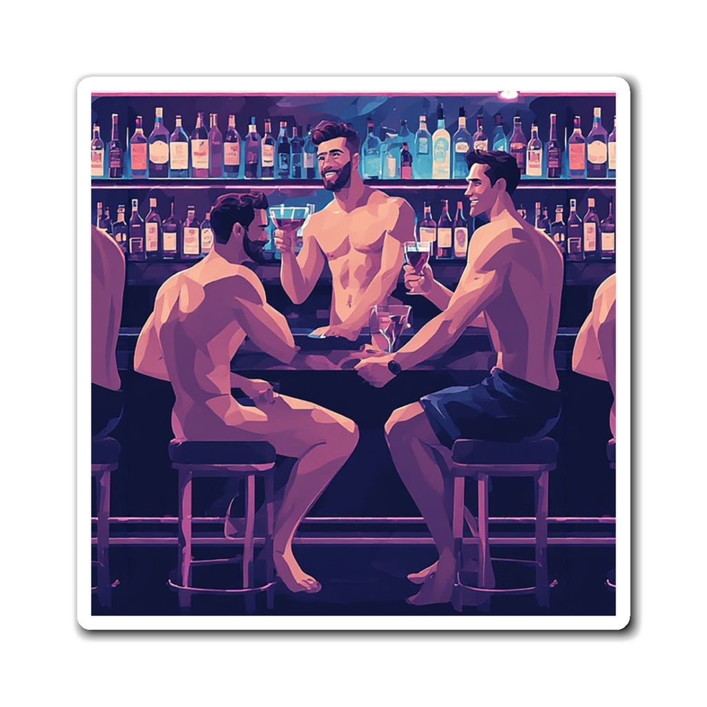 Bar Night Muscle Men Magnet — LGBTQ+ Gay Pride Fridge Magnet, Shirtless Guys at the Bar Art