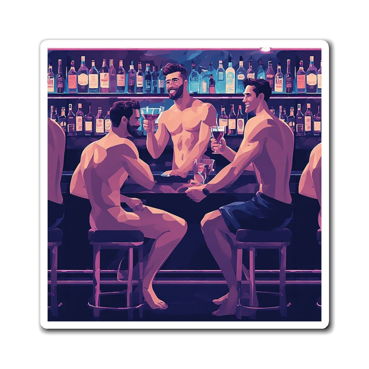 Bar Night Muscle Men Magnet — LGBTQ+ Gay Pride Fridge Magnet, Shirtless Guys at the Bar Art