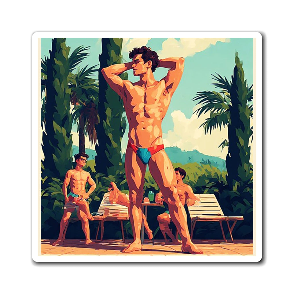 Retro Poolside Hunk Magnet — Vintage Male Swimwear Art Refrigerator Sticker