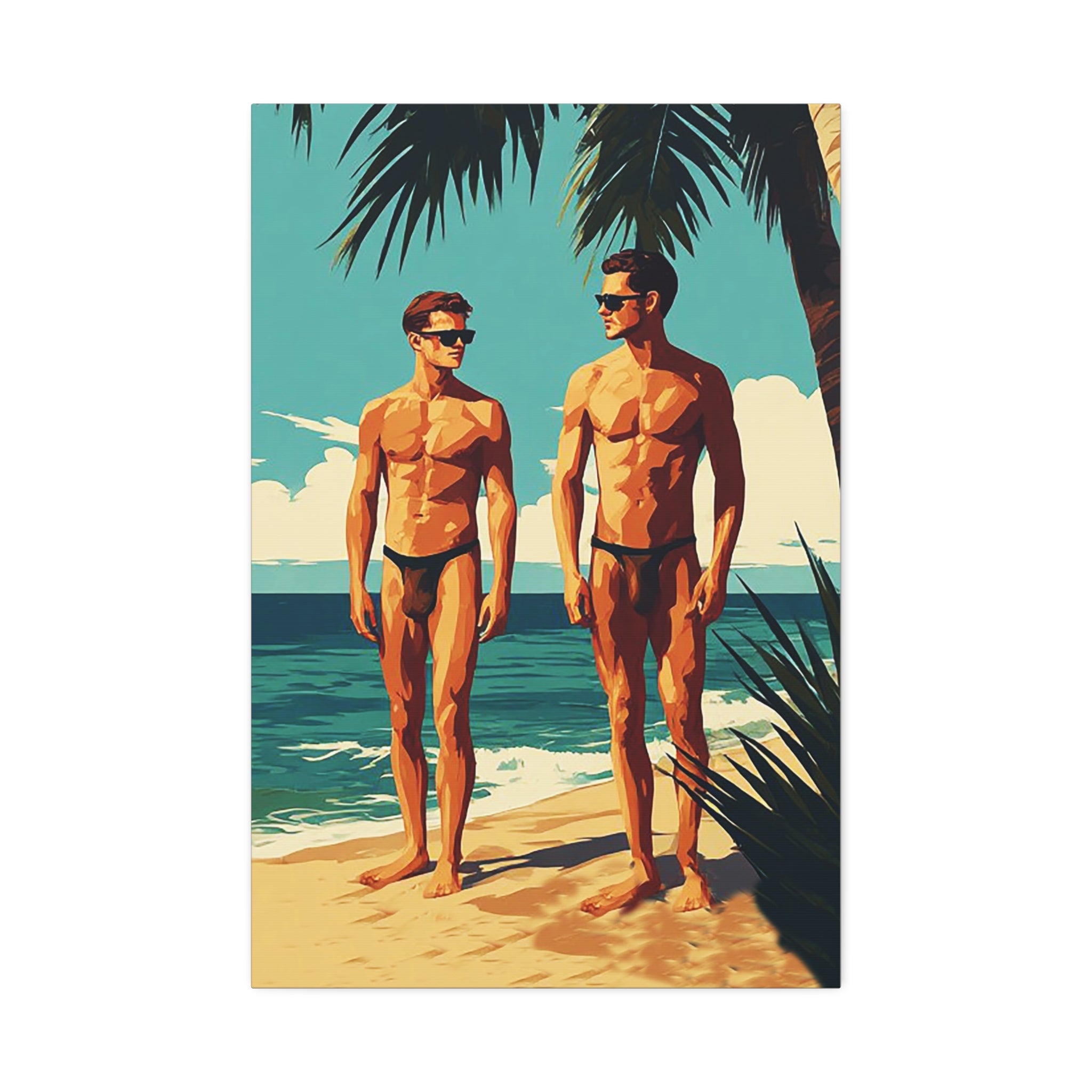 Vintage Beach Print Canvas — Two Men at Sea Stretched Wall Art