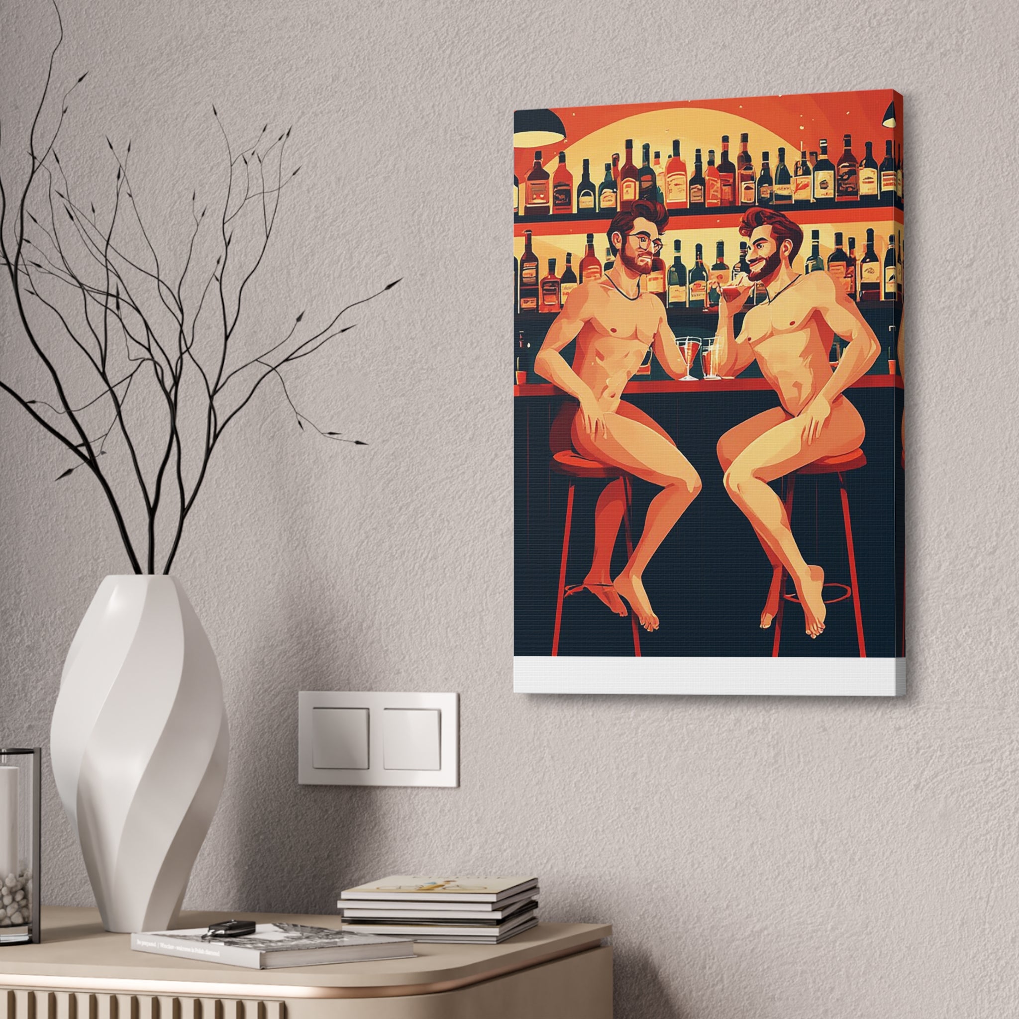 Nude Bar Buddies Canvas Print — Playful Gay Art Stretched Wall Decor
